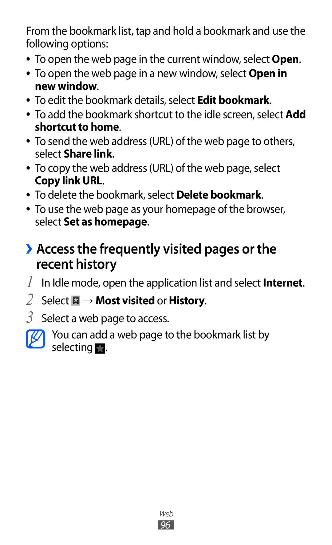 Samsung GT-I8530BAADBT, GT-I8530BAATUR manual ››Access the frequently visited pages or the recent history, New window 