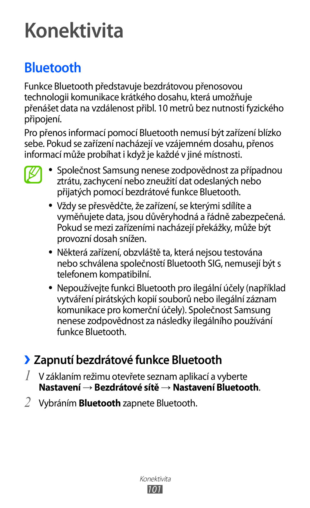 Samsung GT-I8530RWAVDC, GT-I8530BAAVVT, GT-I8530BAAVDC manual Konektivita, ››Zapnutí bezdrátové funkce Bluetooth, 101 