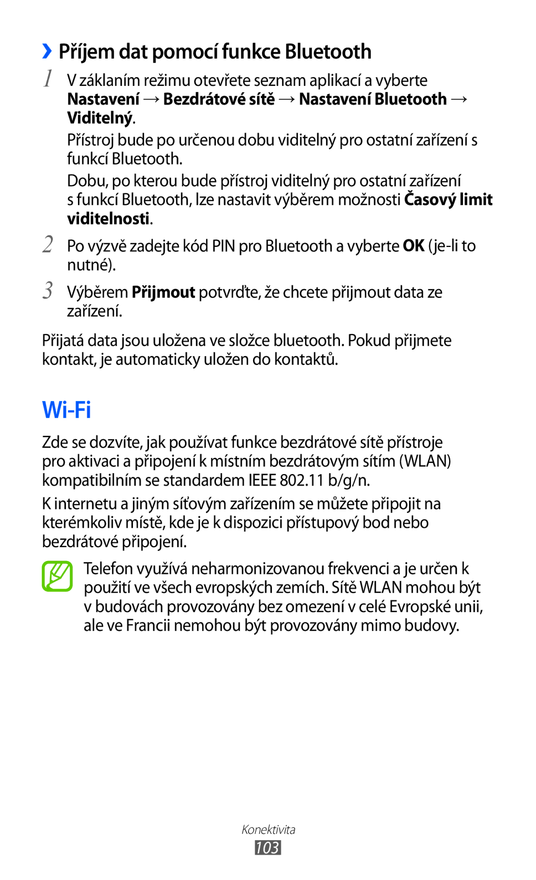 Samsung GT-I8530BAAXEZ, GT-I8530BAAVVT, GT-I8530RWAVDC, GT-I8530BAAVDC manual Wi-Fi, ››Příjem dat pomocí funkce Bluetooth, 103 