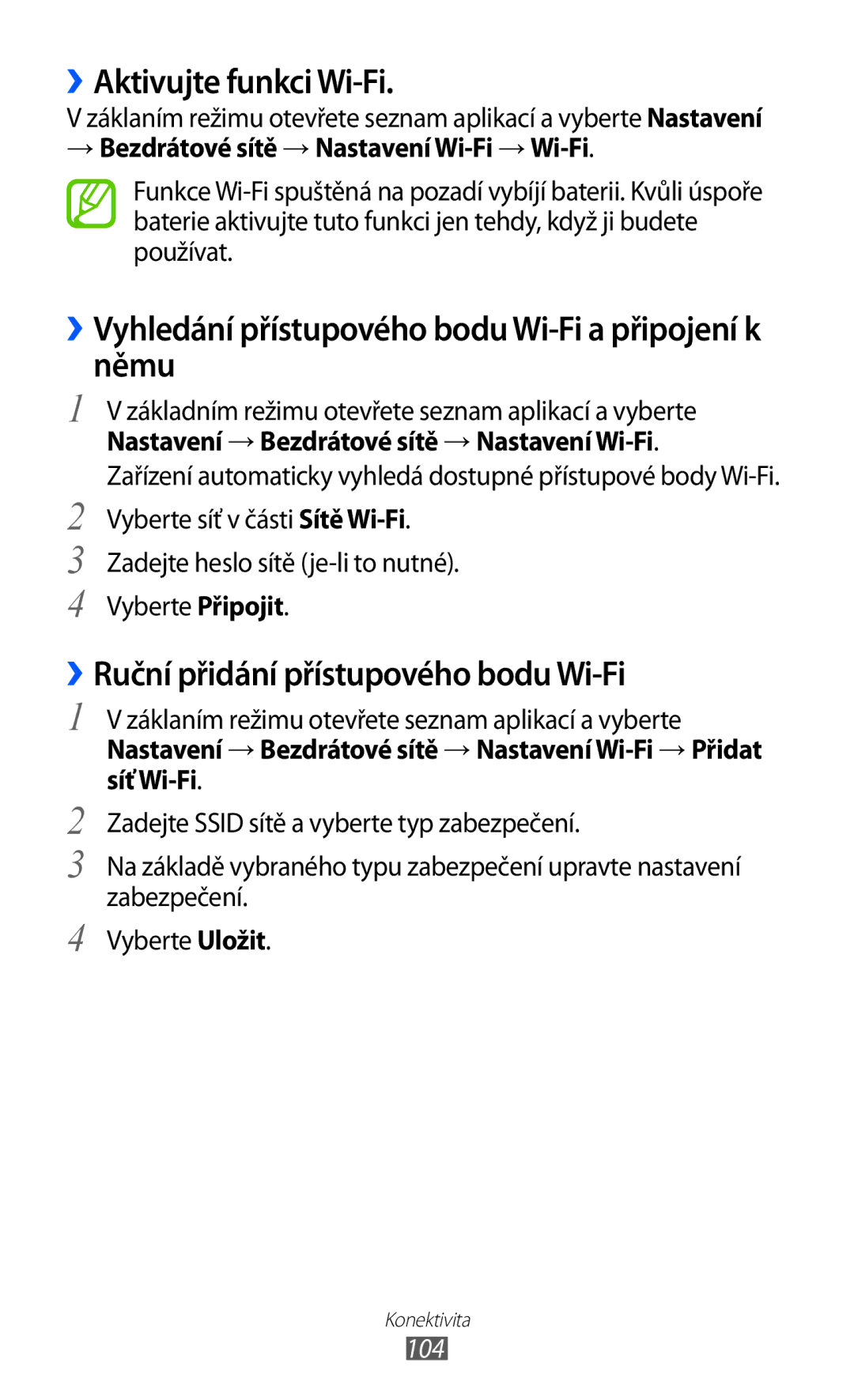 Samsung GT-I8530BAAORX manual ››Aktivujte funkci Wi-Fi, ››Vyhledání přístupového bodu Wi-Fi a připojení k němu, 104 