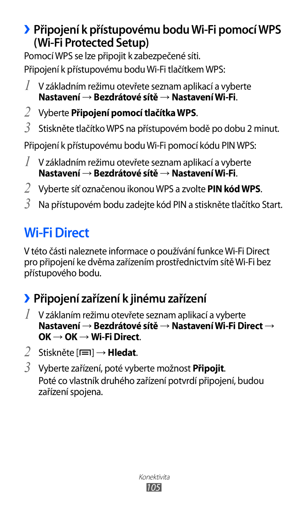 Samsung GT-I8530BAAVVT Wi-Fi Direct, Připojení zařízení k jinému zařízení, Vyberte Připojení pomocí tlačítka WPS, 105 