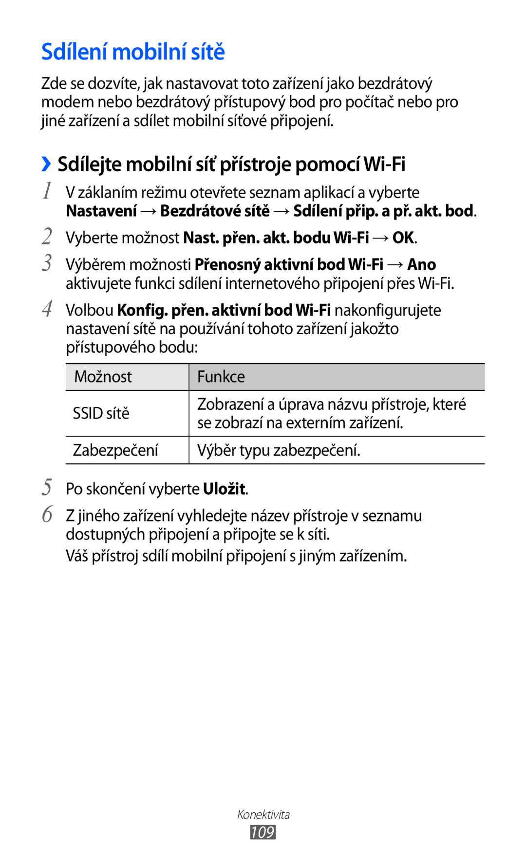 Samsung GT-I8530BAAORX, GT-I8530BAAVVT manual Sdílení mobilní sítě, ››Sdílejte mobilní síť přístroje pomocí Wi-Fi, 109 