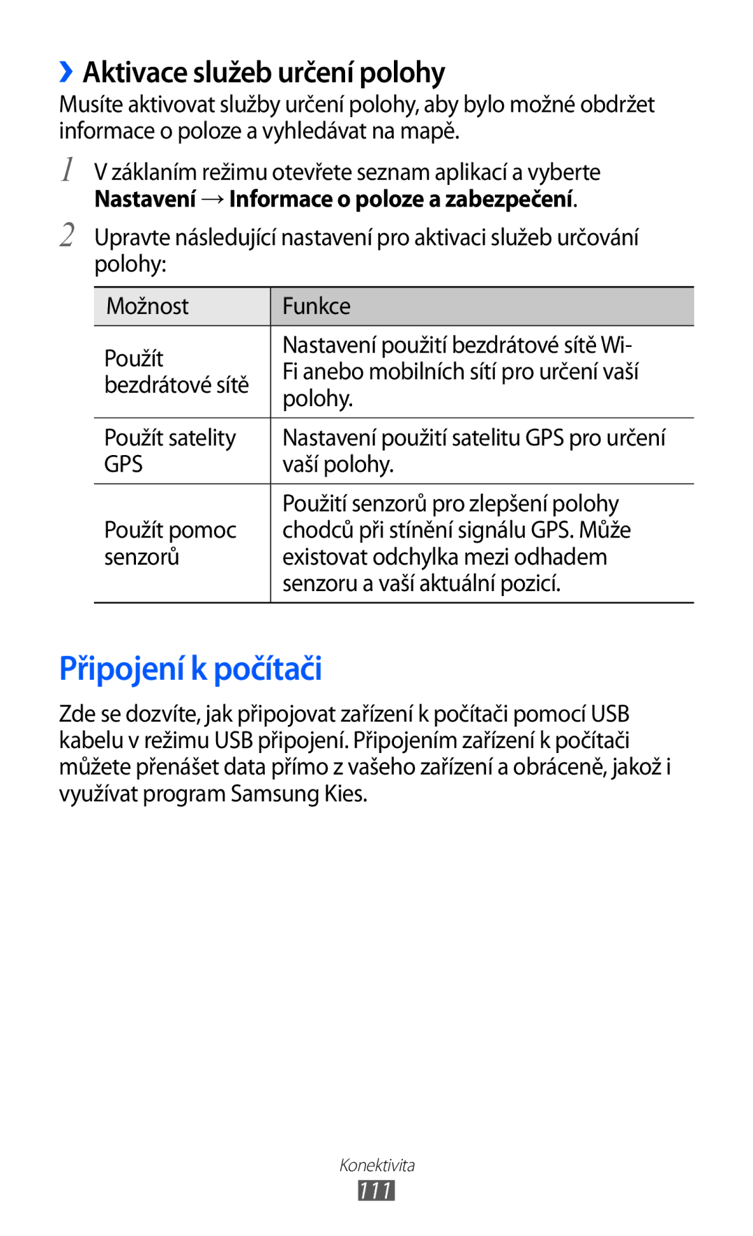 Samsung GT-I8530RWAVDC Připojení k počítači, ››Aktivace služeb určení polohy, Nastavení → Informace o poloze a zabezpečení 