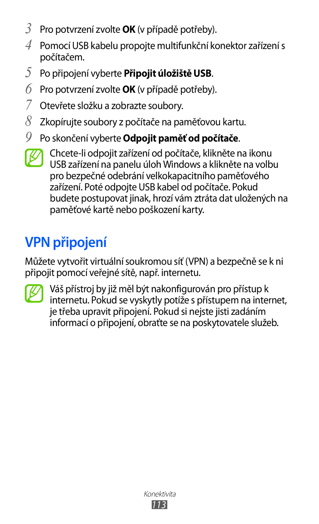 Samsung GT-I8530BAAXEZ, GT-I8530BAAVVT, GT-I8530RWAVDC VPN připojení, Zkopírujte soubory z počítače na paměťovou kartu, 113 