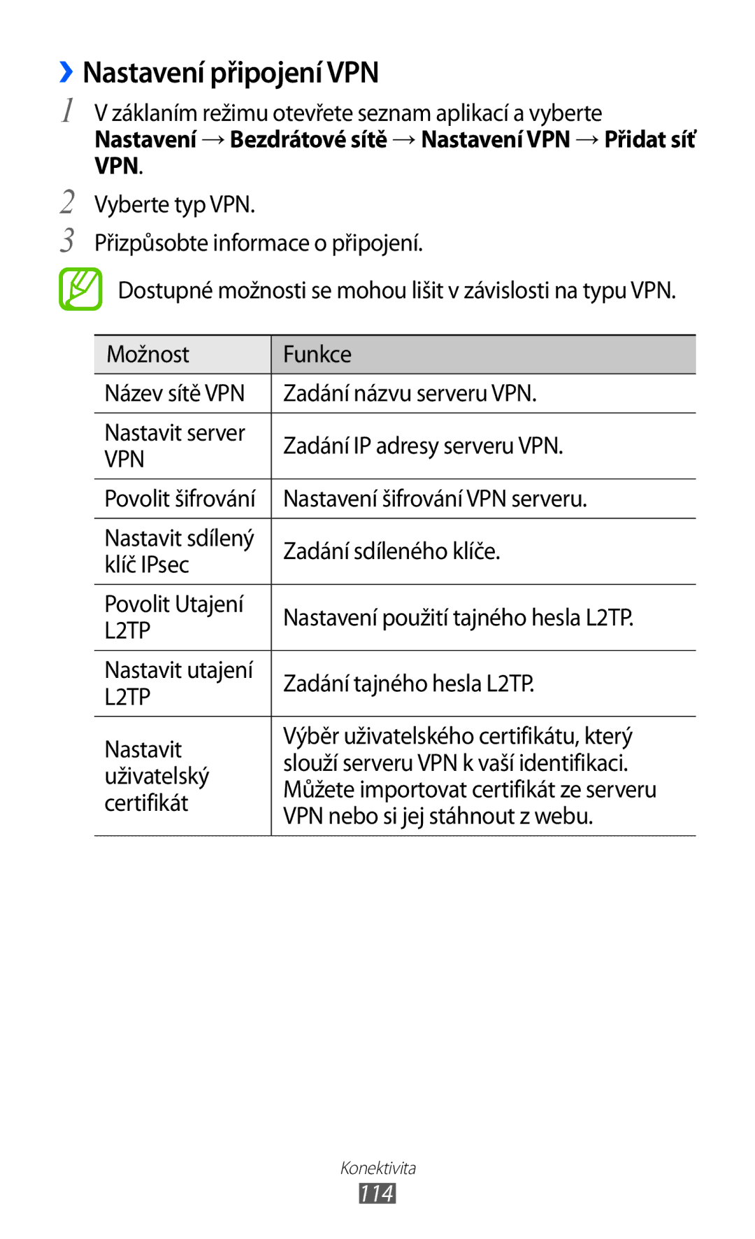 Samsung GT-I8530BAAORX, GT-I8530BAAVVT, GT-I8530RWAVDC, GT-I8530BAAVDC, GT-I8530BAAXEZ manual ››Nastavení připojení VPN, 114 