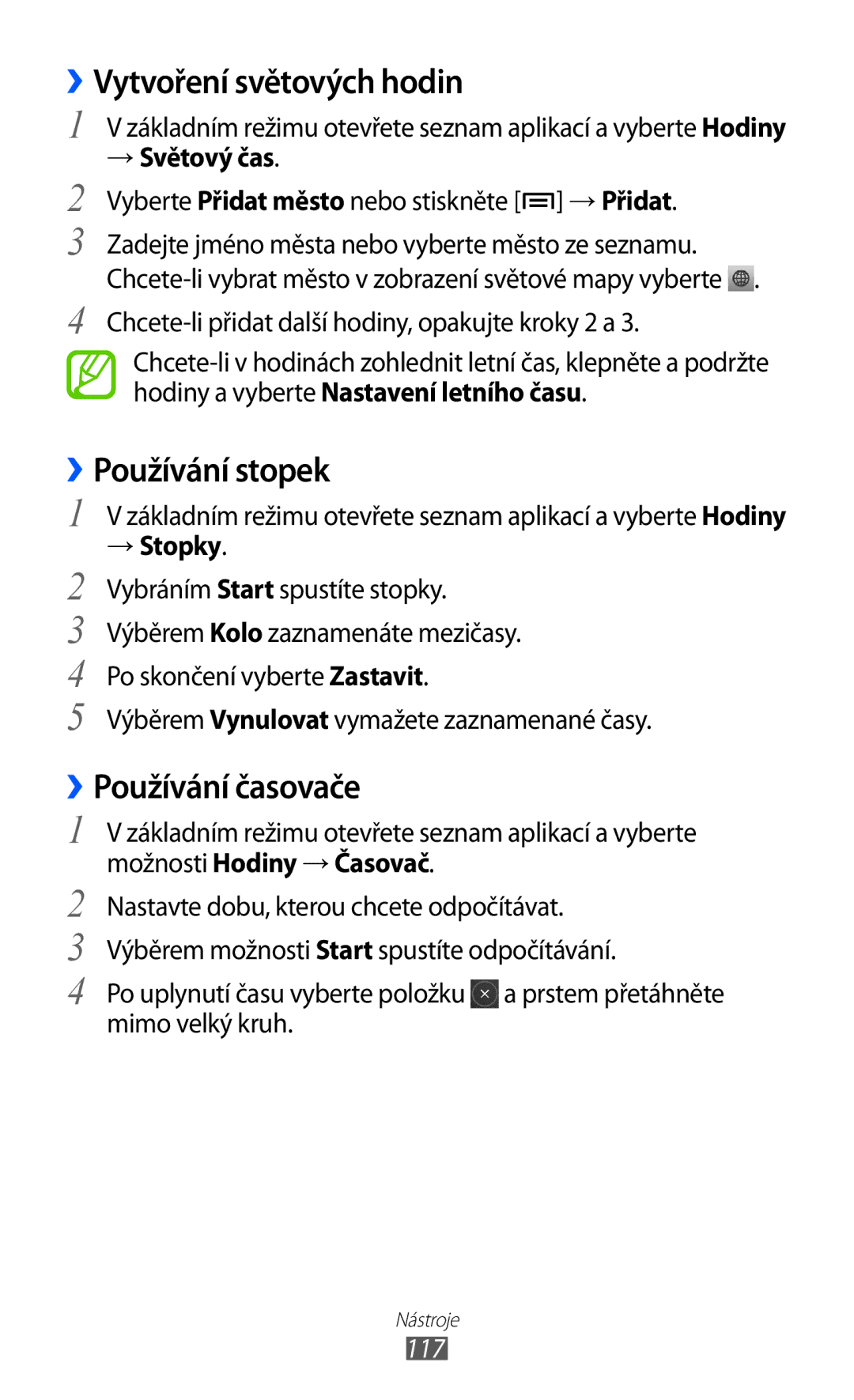 Samsung GT-I8530BAAVDC, GT-I8530BAAVVT manual ››Vytvoření světových hodin, ››Používání stopek, ››Používání časovače, 117 