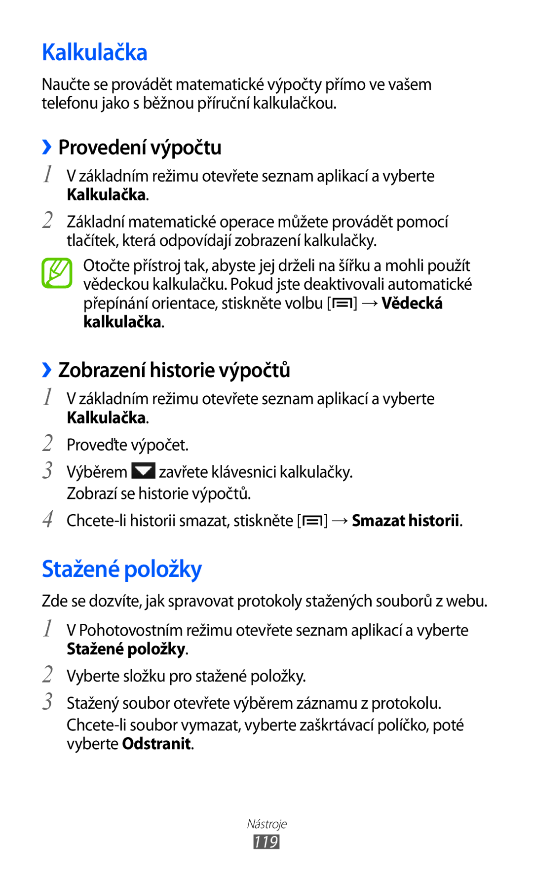 Samsung GT-I8530BAAORX, GT-I8530BAAVVT Kalkulačka, Stažené položky, ››Provedení výpočtu, ››Zobrazení historie výpočtů, 119 