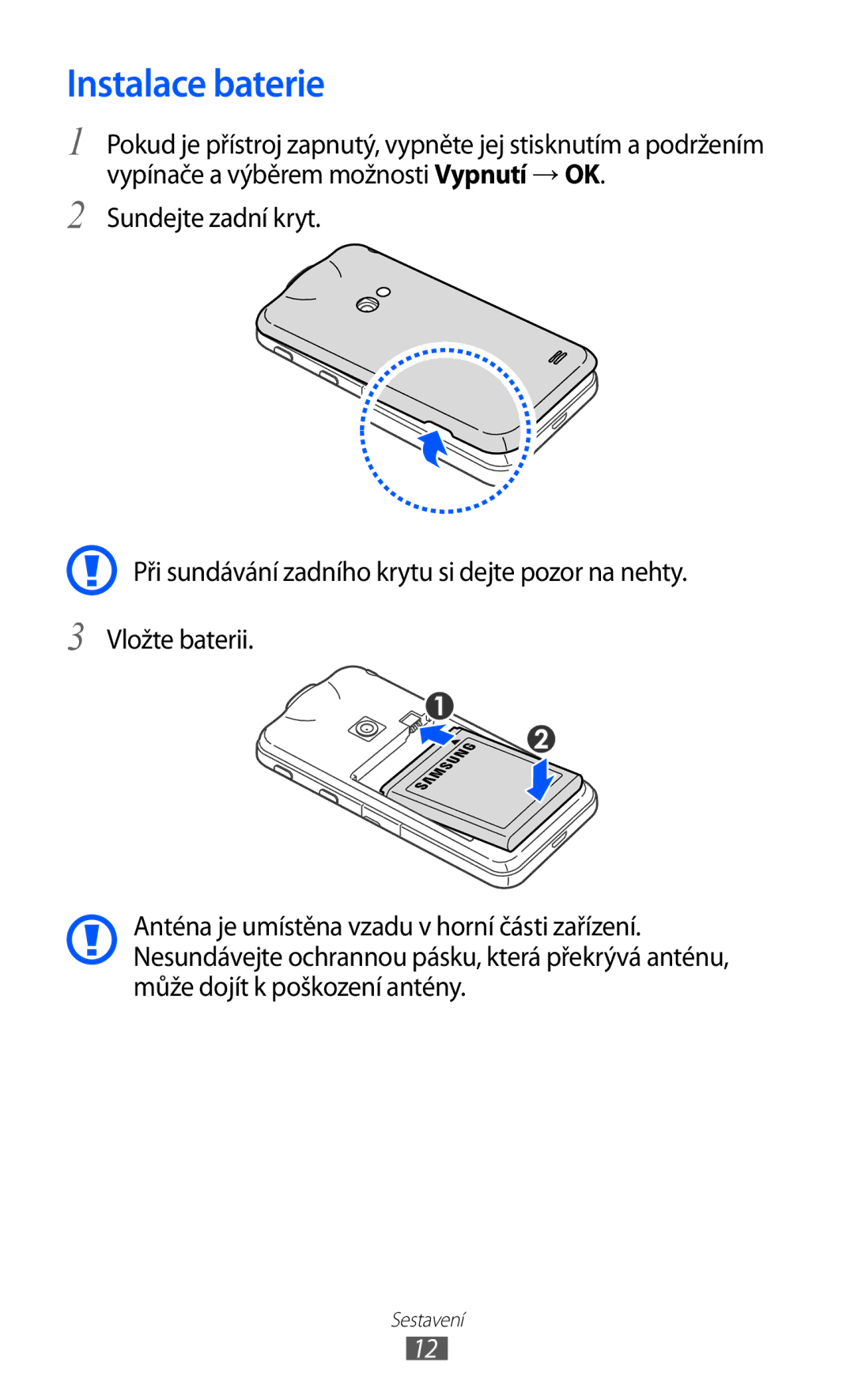 Samsung GT-I8530BAAVDC, GT-I8530BAAVVT, GT-I8530RWAVDC, GT-I8530BAAXEZ, GT-I8530BAAORX manual Instalace baterie 