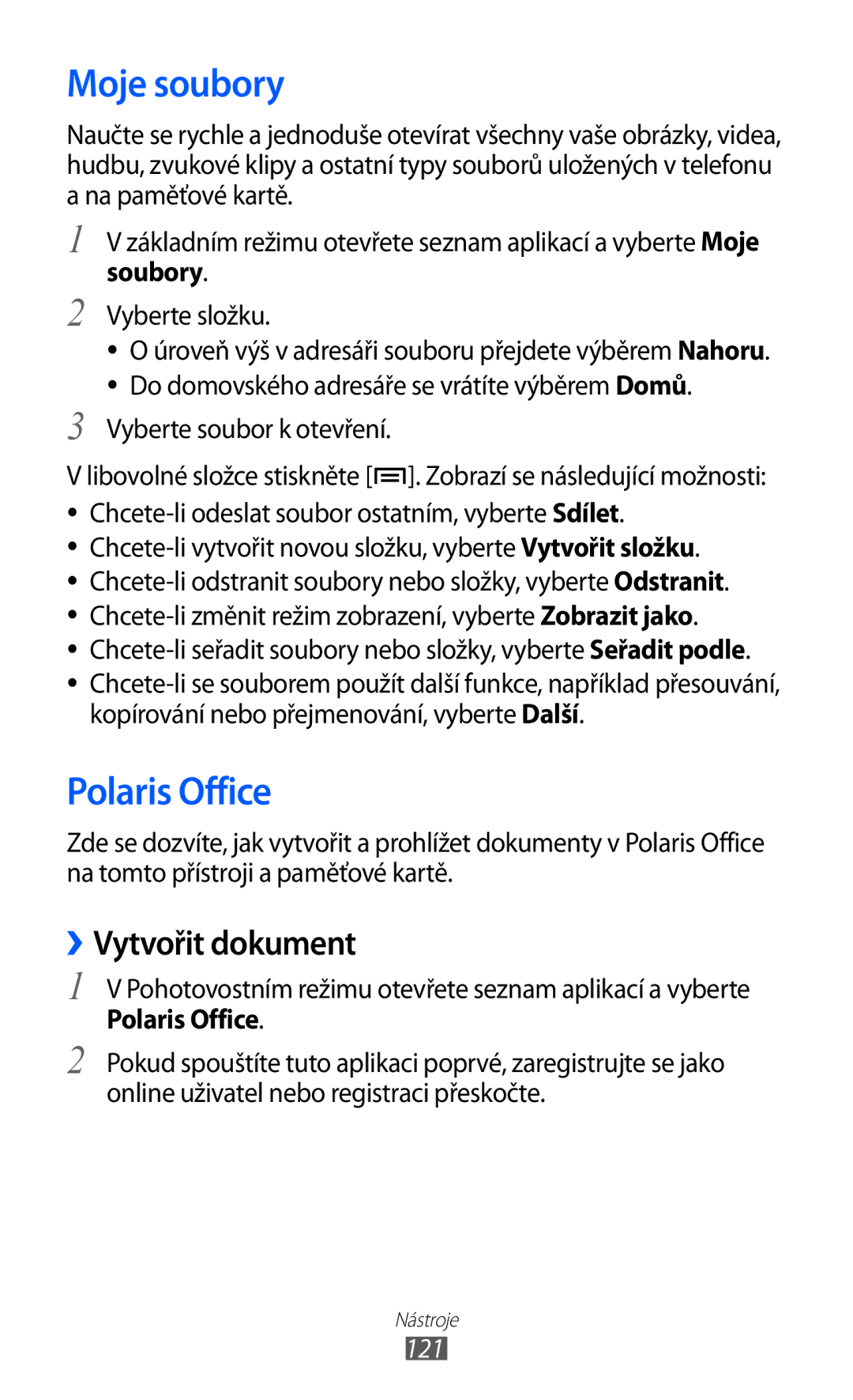 Samsung GT-I8530RWAVDC, GT-I8530BAAVVT, GT-I8530BAAVDC manual Moje soubory, Polaris Office, ››Vytvořit dokument, 121 