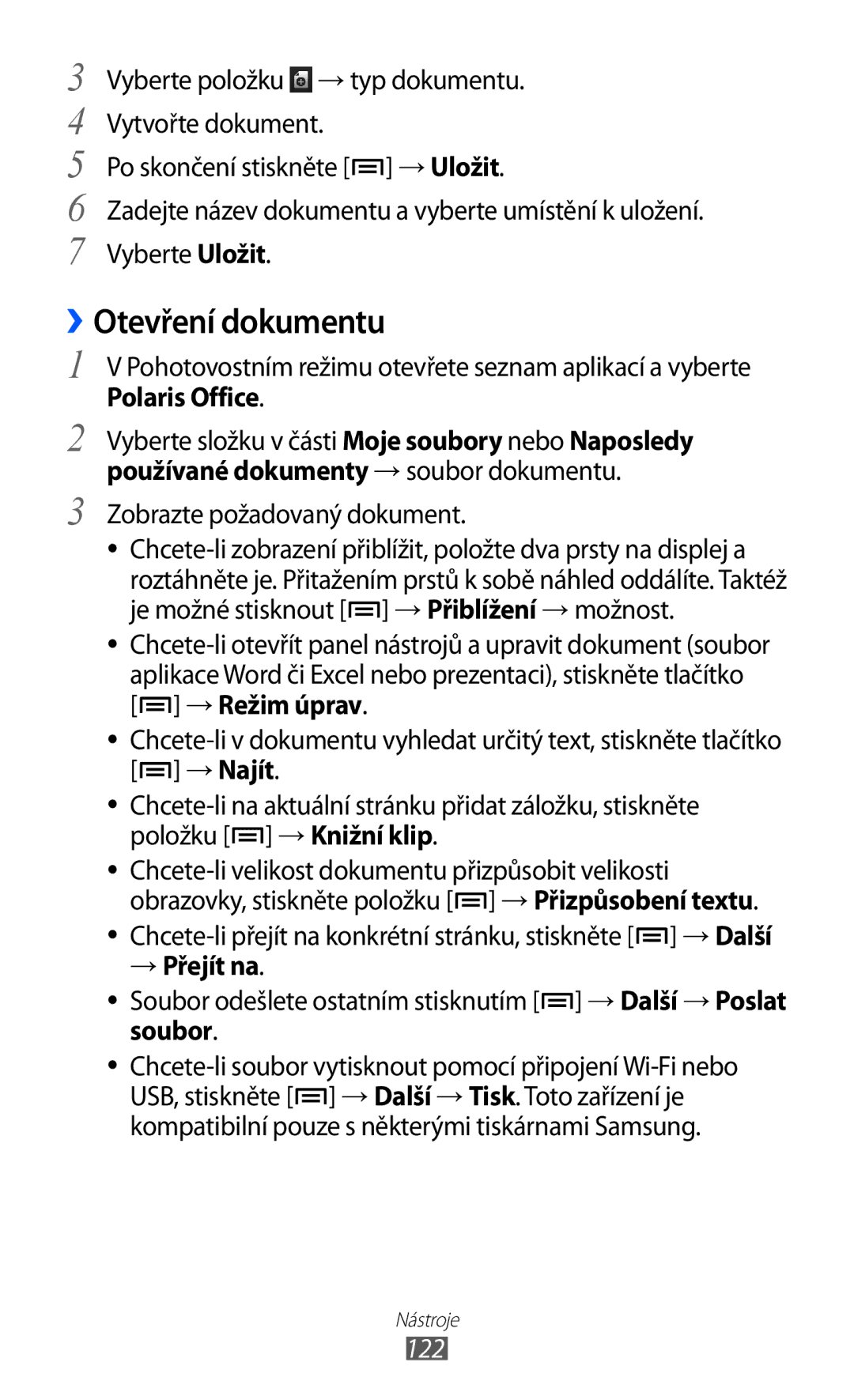 Samsung GT-I8530BAAVDC, GT-I8530BAAVVT, GT-I8530RWAVDC, GT-I8530BAAXEZ ››Otevření dokumentu, → Režim úprav, → Přejít na, 122 