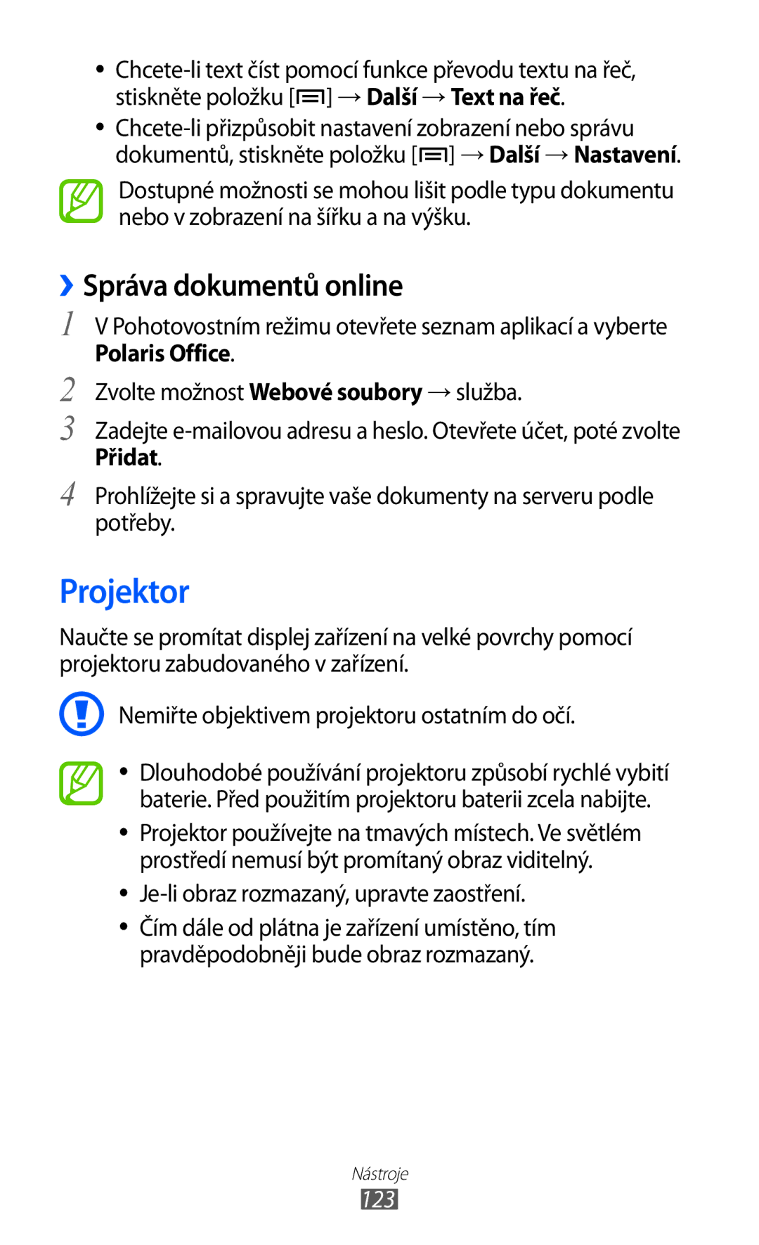 Samsung GT-I8530BAAXEZ, GT-I8530BAAVVT Projektor, ››Správa dokumentů online, Je-li obraz rozmazaný, upravte zaostření, 123 