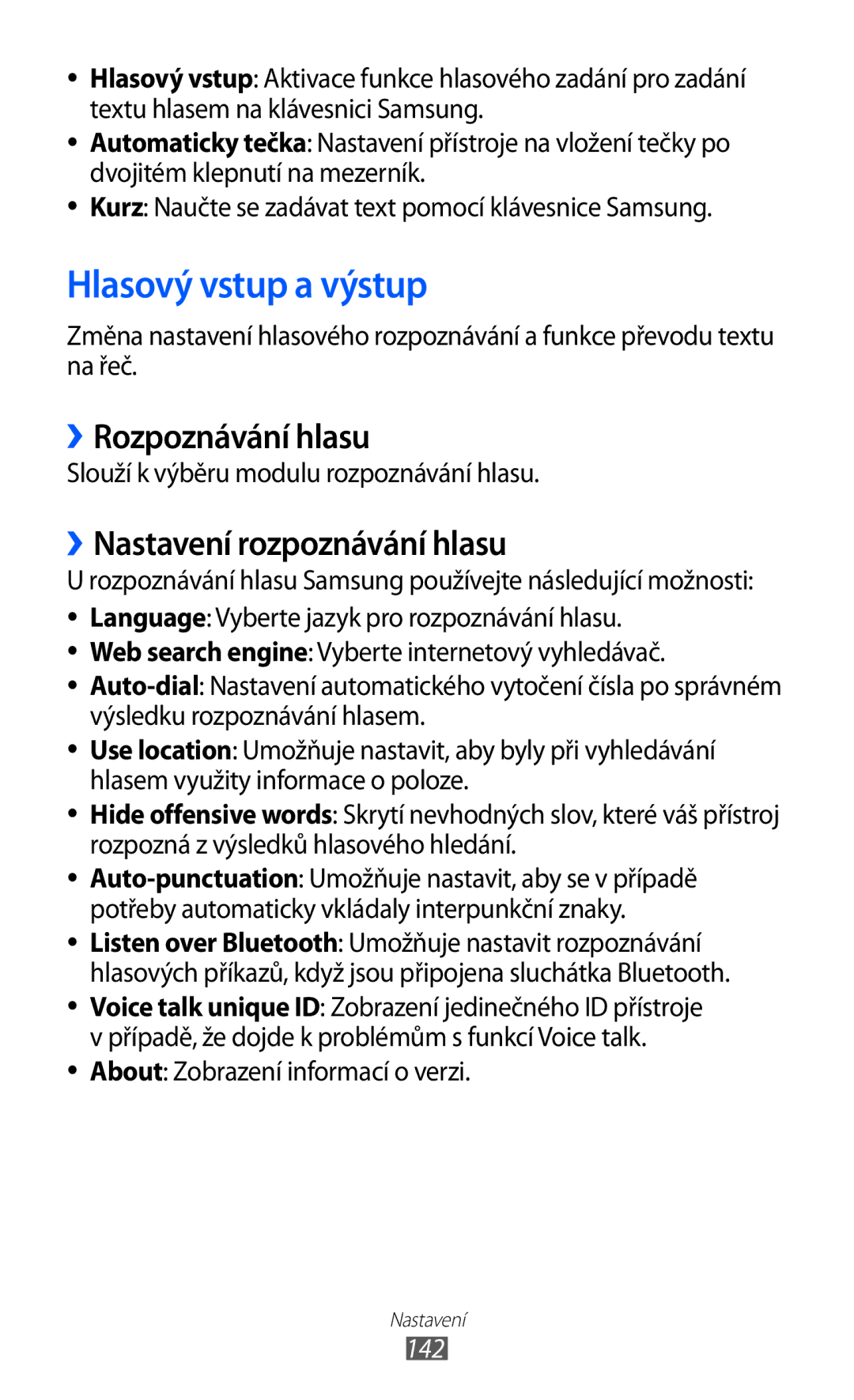 Samsung GT-I8530BAAVDC, GT-I8530BAAVVT Hlasový vstup a výstup, ››Rozpoznávání hlasu, ››Nastavení rozpoznávání hlasu, 142 