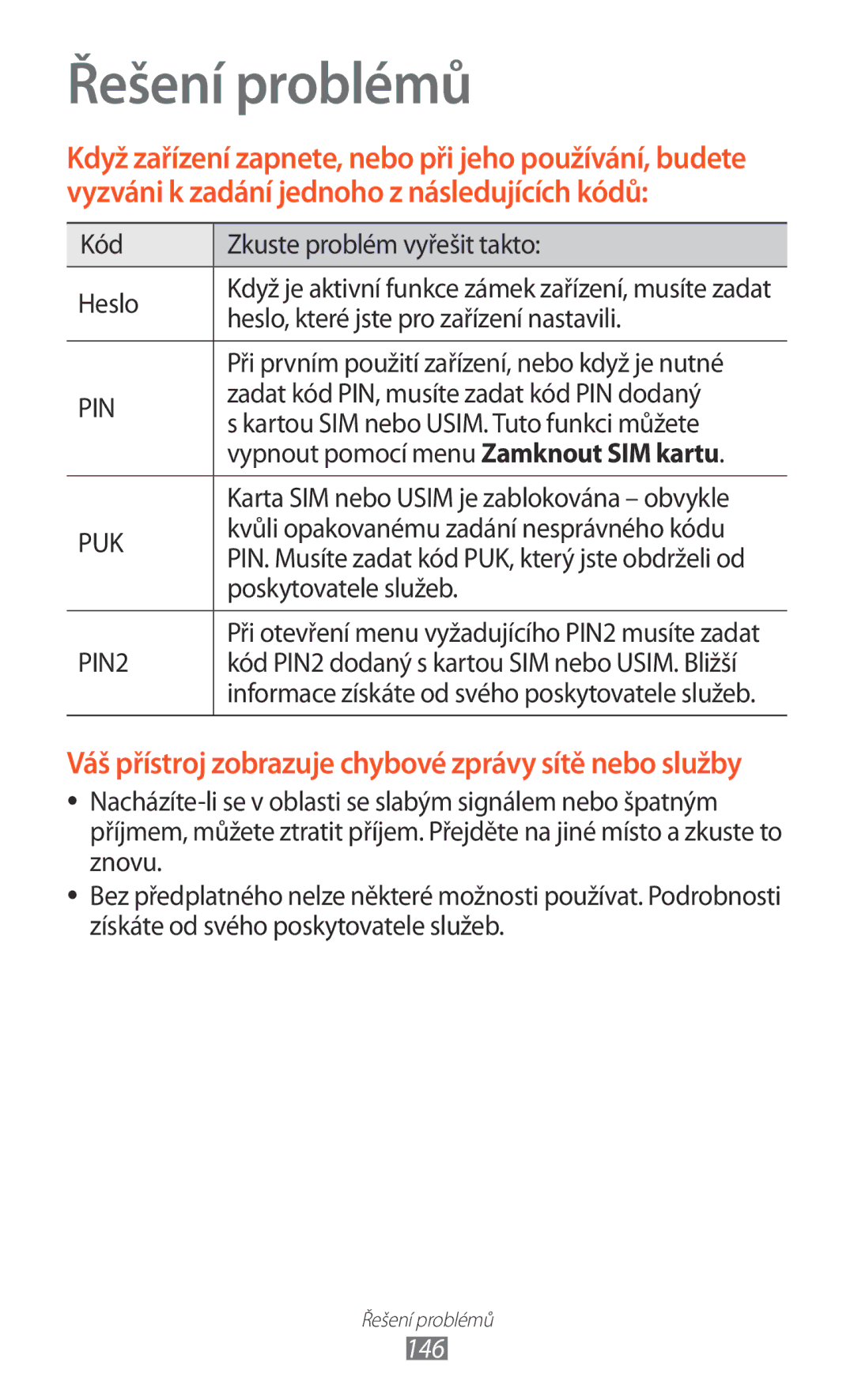 Samsung GT-I8530RWAVDC, GT-I8530BAAVVT, GT-I8530BAAVDC, GT-I8530BAAXEZ, GT-I8530BAAORX manual Řešení problémů, 146 