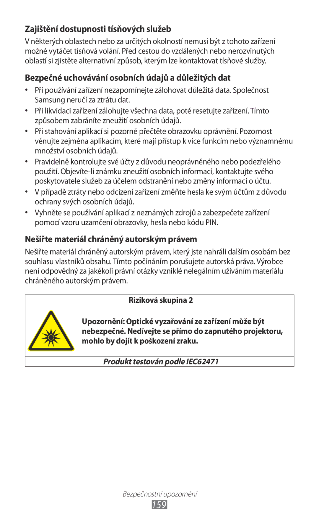 Samsung GT-I8530BAAORX, GT-I8530BAAVVT, GT-I8530RWAVDC, GT-I8530BAAVDC manual 159, Zajištění dostupnosti tísňových služeb 