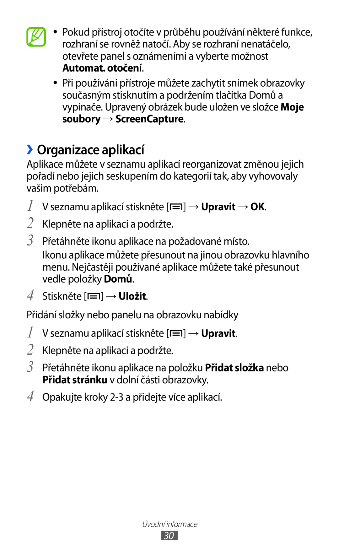 Samsung GT-I8530BAAVVT, GT-I8530RWAVDC, GT-I8530BAAVDC manual ››Organizace aplikací, Přidat stránku v dolní části obrazovky 