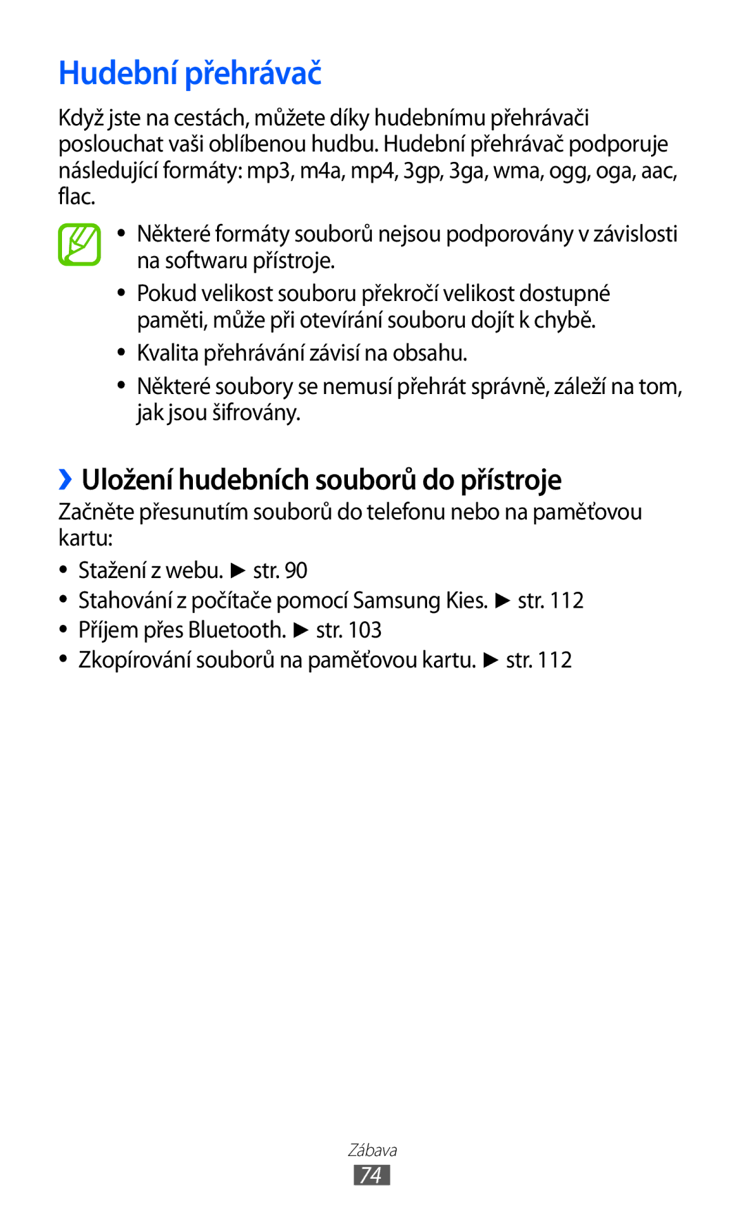 Samsung GT-I8530BAAORX, GT-I8530BAAVVT, GT-I8530RWAVDC manual Hudební přehrávač, ››Uložení hudebních souborů do přístroje 