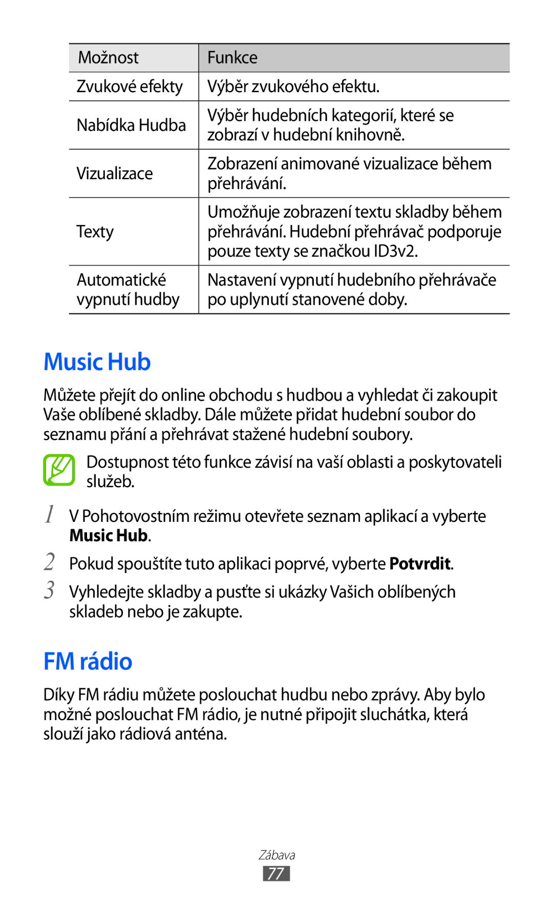 Samsung GT-I8530BAAVDC, GT-I8530BAAVVT, GT-I8530RWAVDC, GT-I8530BAAXEZ, GT-I8530BAAORX manual Music Hub, FM rádio 