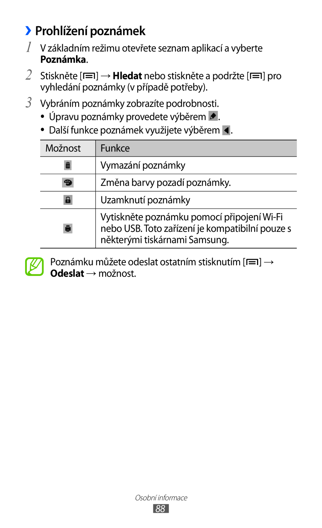 Samsung GT-I8530BAAXEZ, GT-I8530BAAVVT, GT-I8530RWAVDC manual ››Prohlížení poznámek, Poznámka, Některými tiskárnami Samsung 