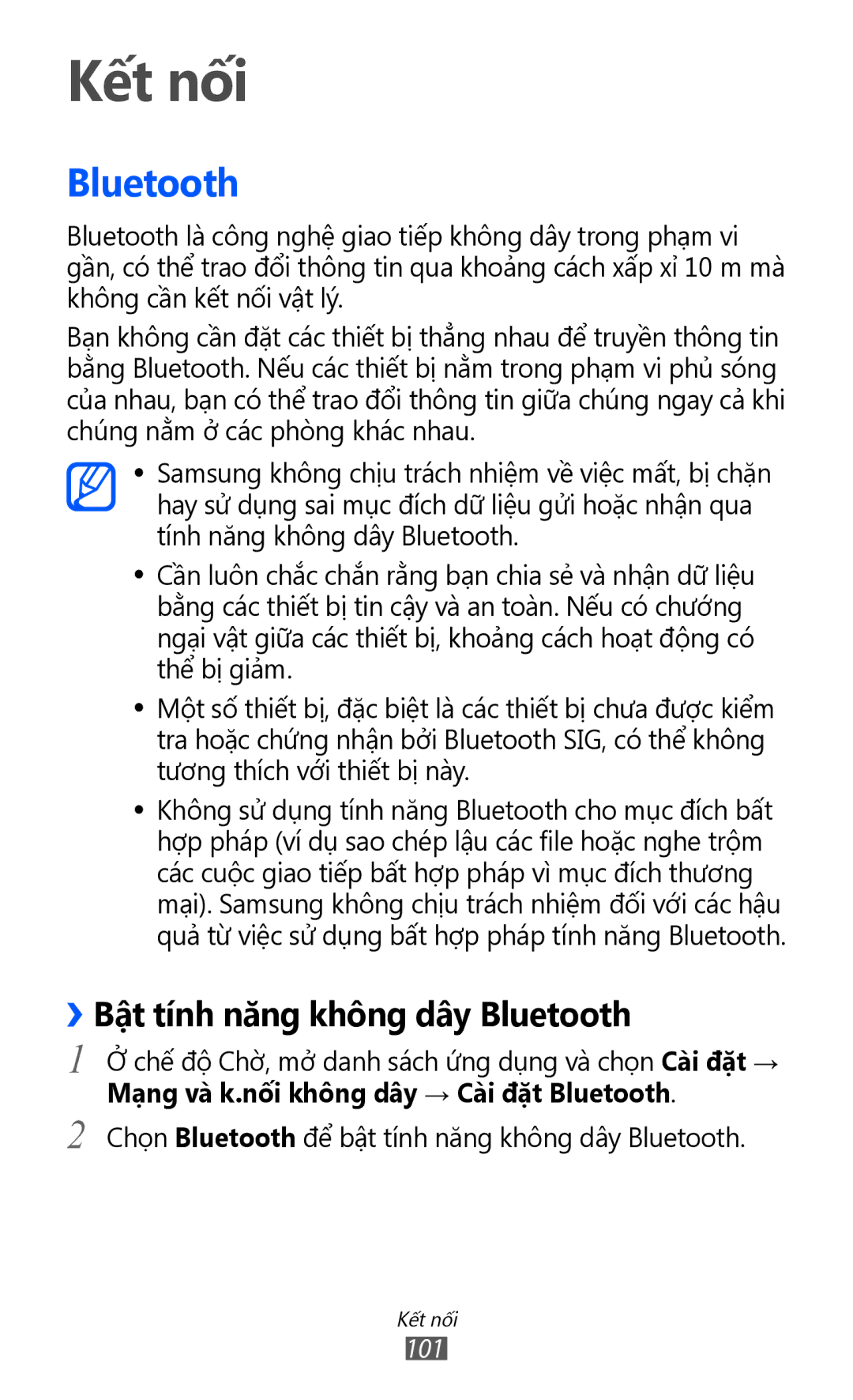 Samsung GT-I8530BAAXXV, GT-I8530BAAXEV, GT-I8530RWAXEV manual Kết nối, ››Bật tính năng không dây Bluetooth 