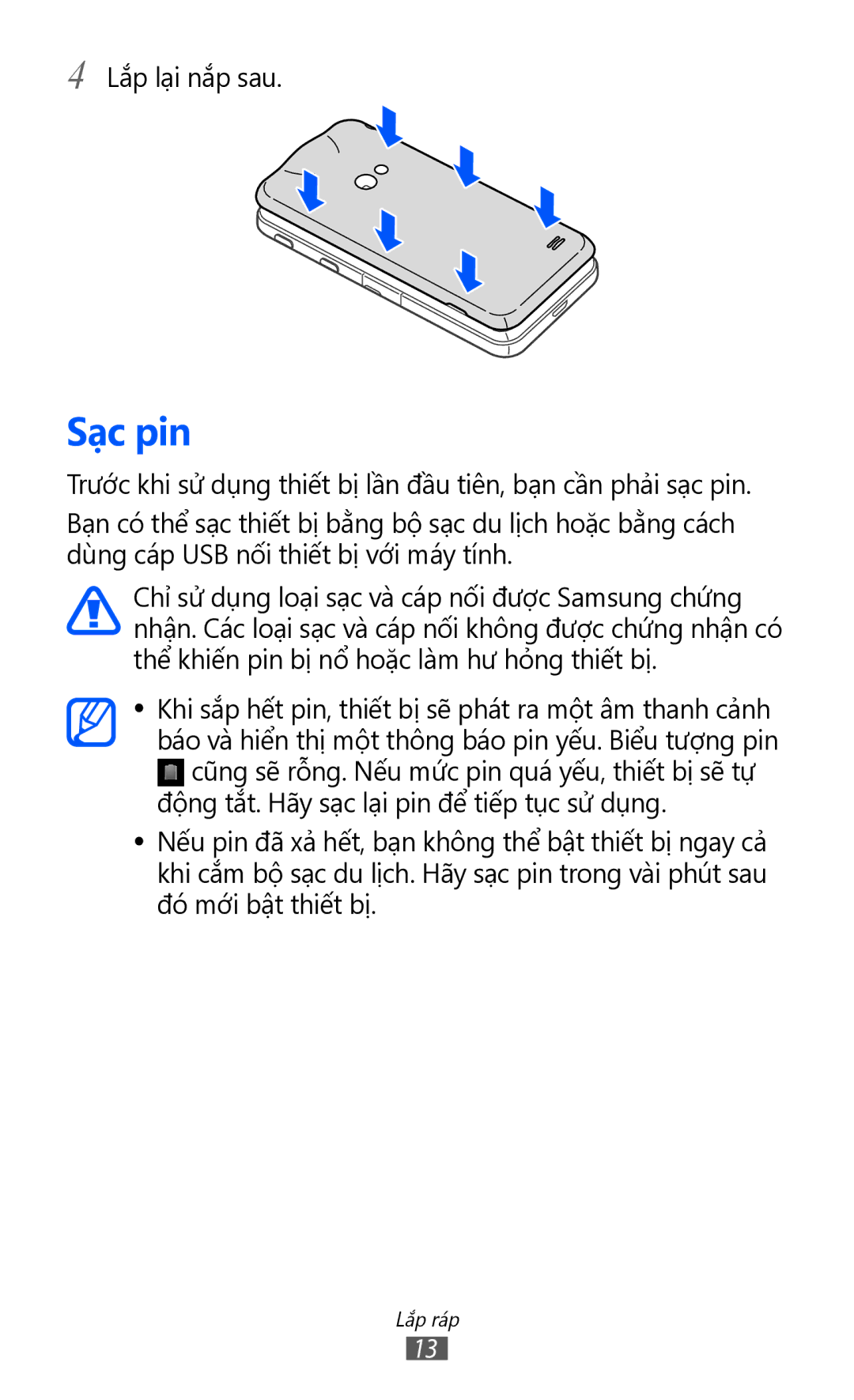 Samsung GT-I8530RWAXEV, GT-I8530BAAXEV, GT-I8530BAAXXV manual Sạc pin 