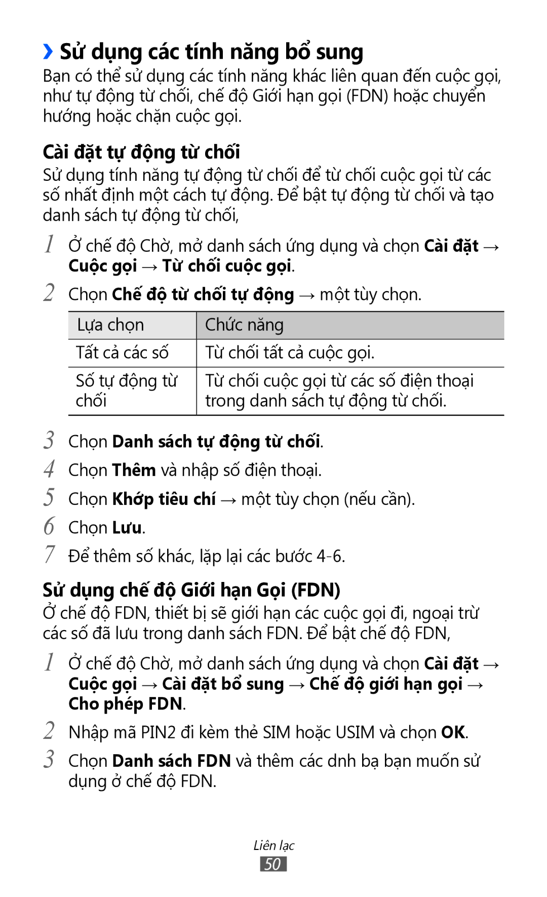 Samsung GT-I8530BAAXXV, GT-I8530BAAXEV manual ››Sử dụng các tính năng bổ sung, Chọn Chế độ từ chối tự động → một tùy chọn 