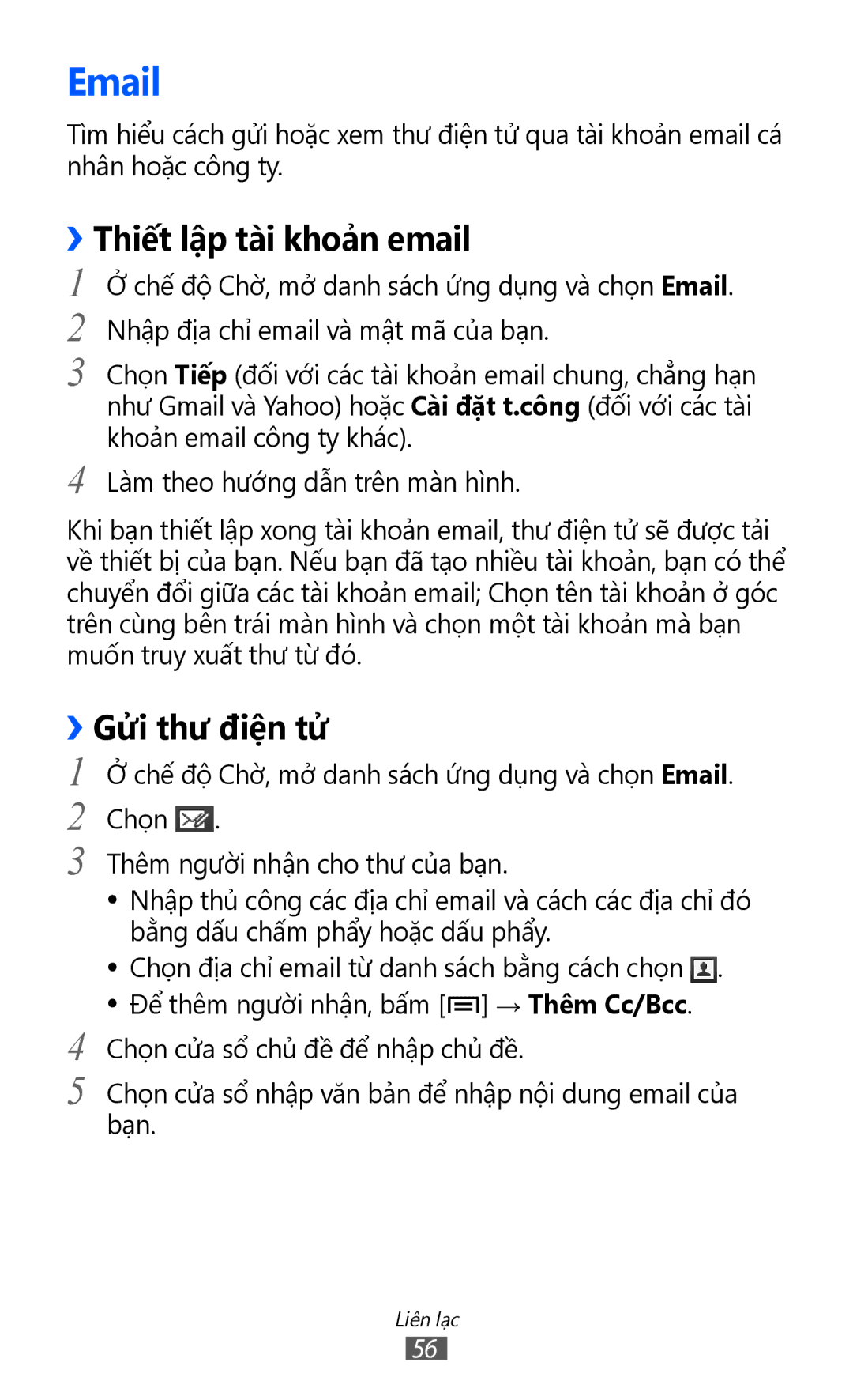 Samsung GT-I8530BAAXXV, GT-I8530BAAXEV, GT-I8530RWAXEV manual ››Thiết lập tài khoả̉n email 