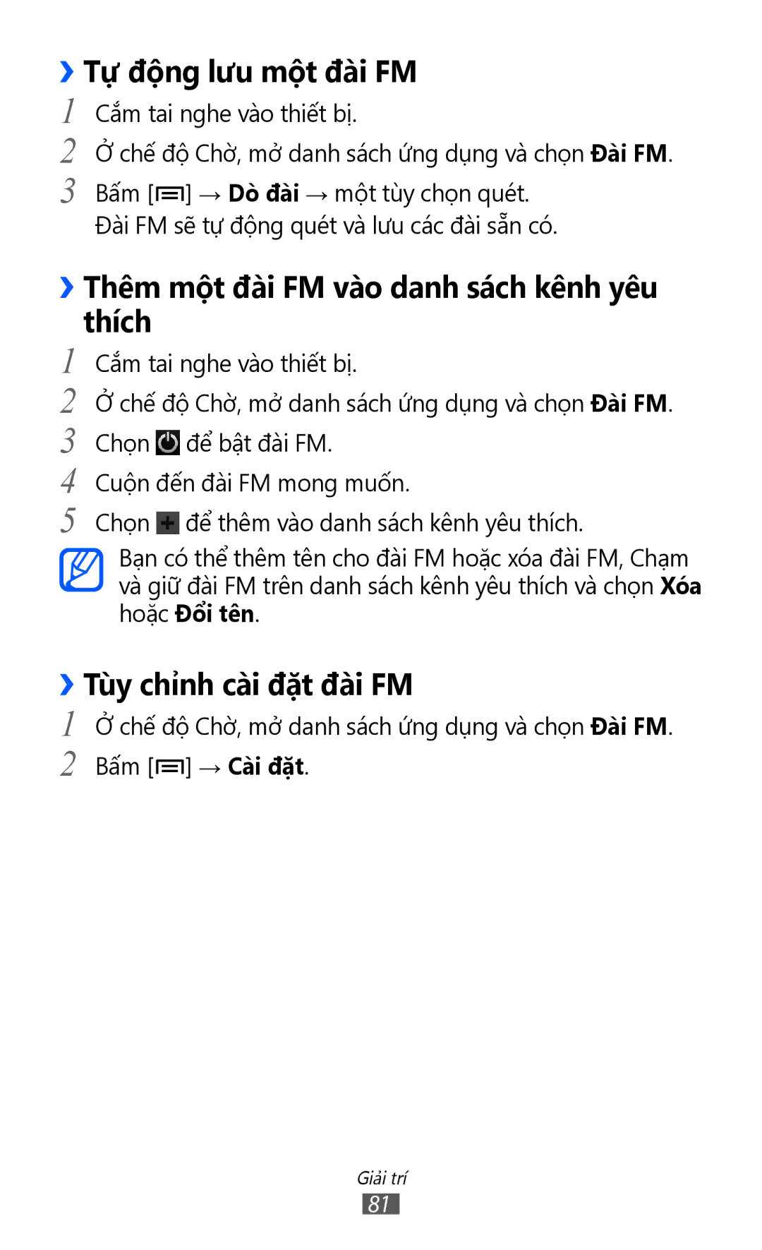 Samsung GT-I8530BAAXEV, GT-I8530RWAXEV manual ››Tự động lưu một đài FM, ››Thêm một đài FM vào danh sách kênh yêu thích 