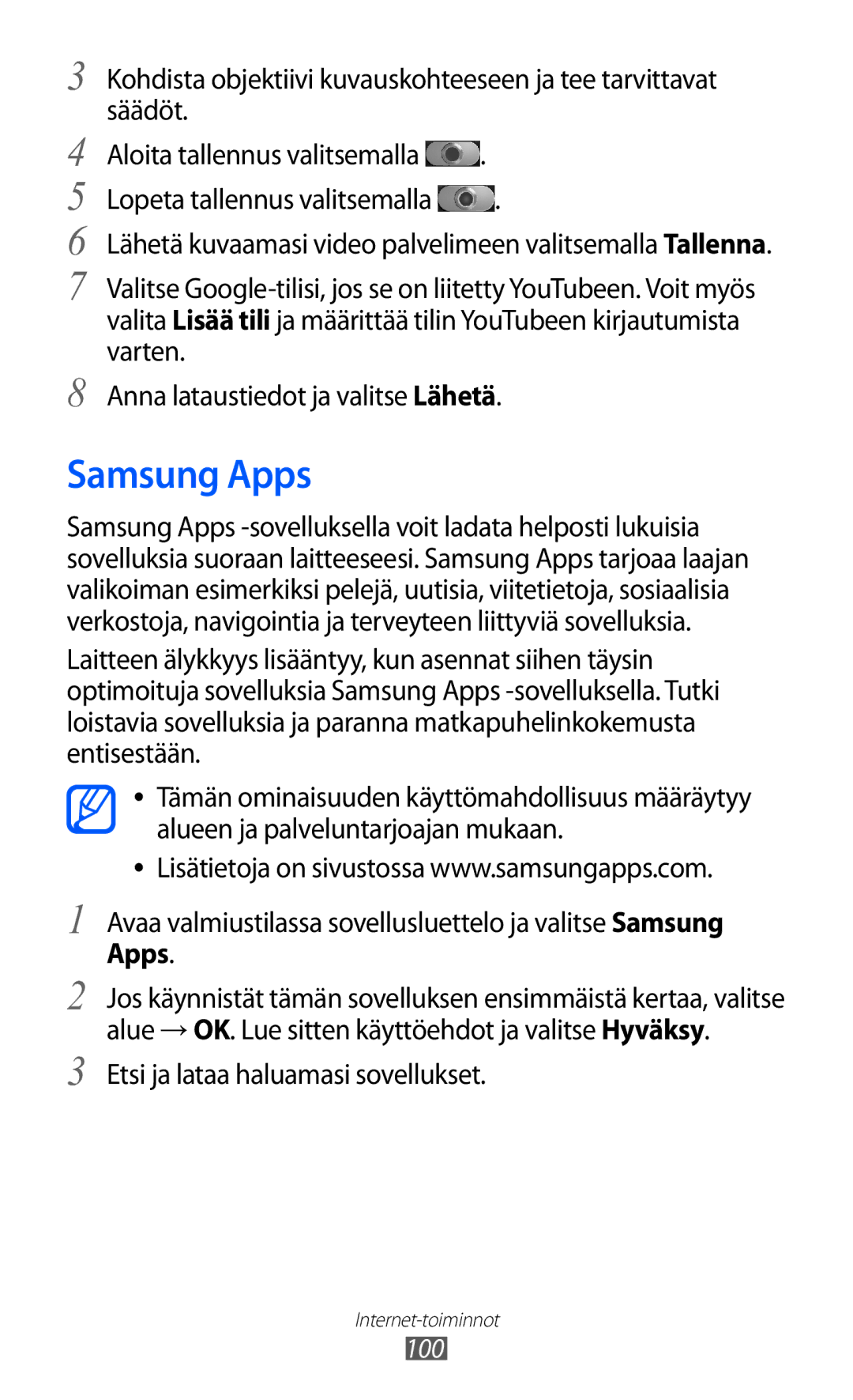 Samsung GT-I8530RWANEE, GT-I8530BAANEE manual Samsung Apps, Etsi ja lataa haluamasi sovellukset, 100 