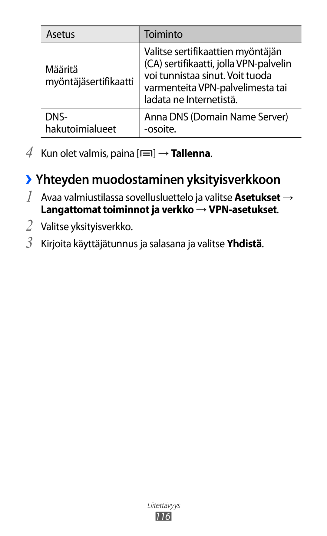 Samsung GT-I8530RWANEE Asetus Toiminto Valitse sertifikaattien myöntäjän Määritä, Voi tunnistaa sinut. Voit tuoda, 116 