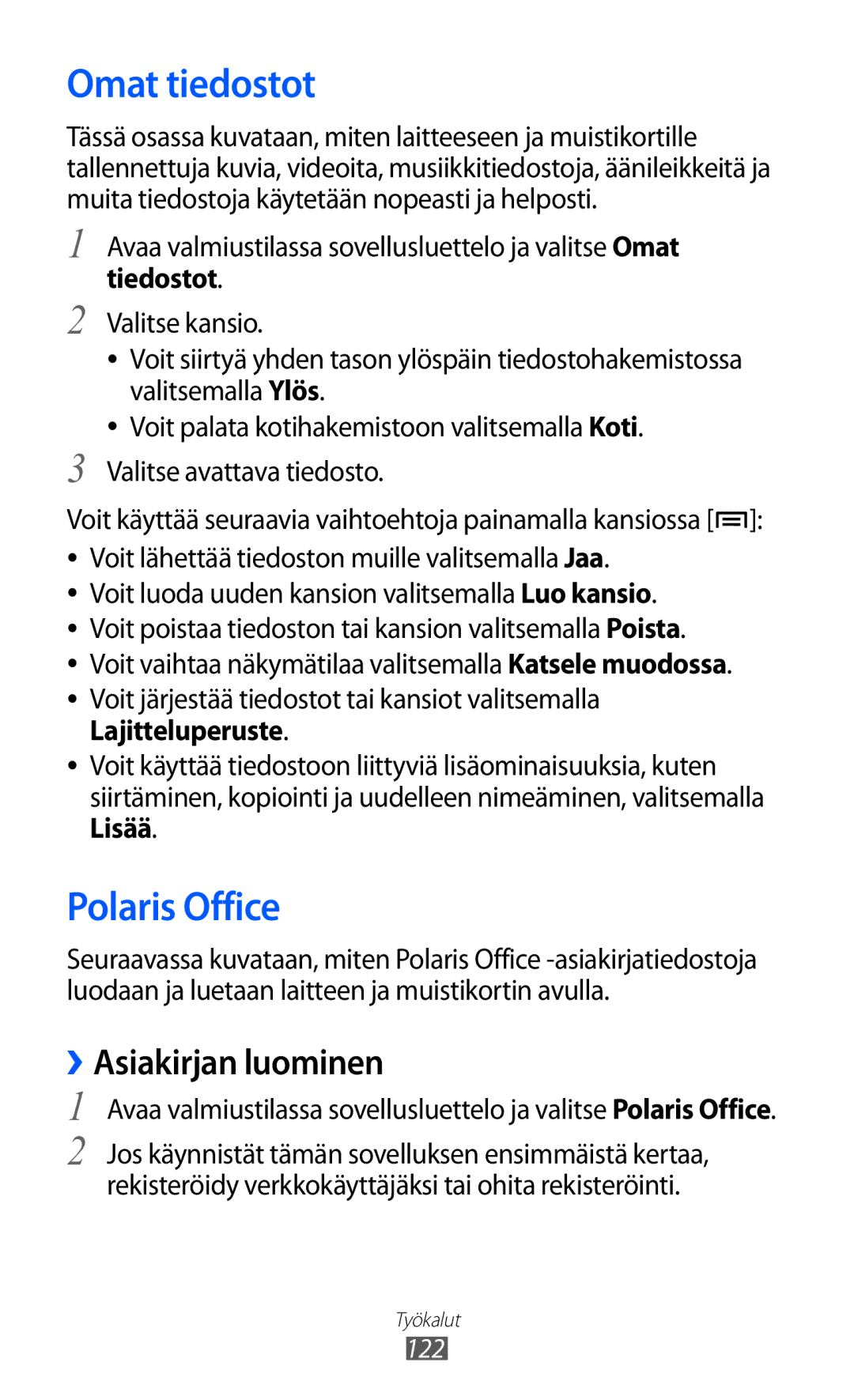 Samsung GT-I8530RWANEE, GT-I8530BAANEE manual Omat tiedostot, Polaris Office, ››Asiakirjan luominen, 122 