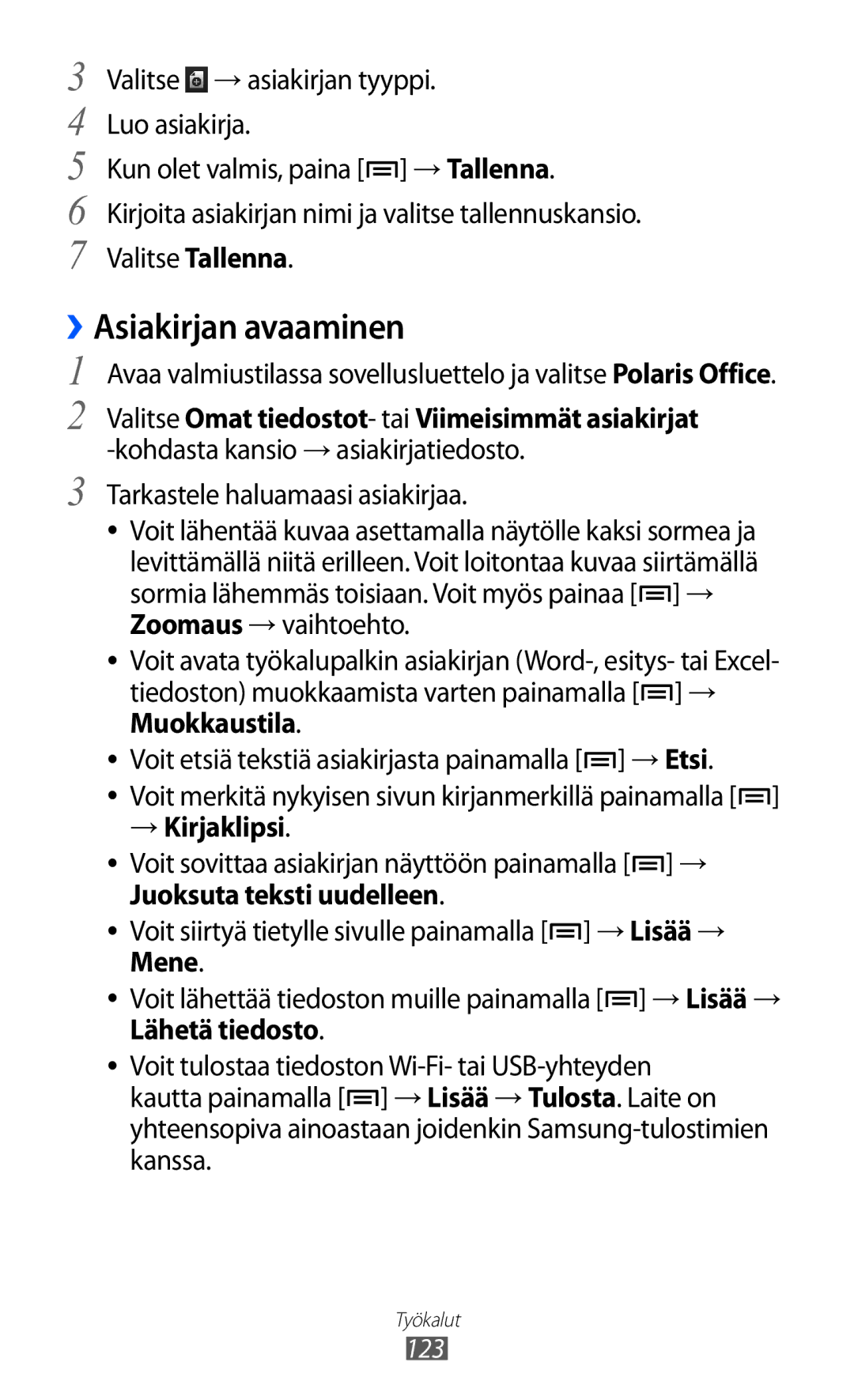 Samsung GT-I8530BAANEE manual ››Asiakirjan avaaminen, → Kirjaklipsi, Voit sovittaa asiakirjan näyttöön painamalla →, 123 