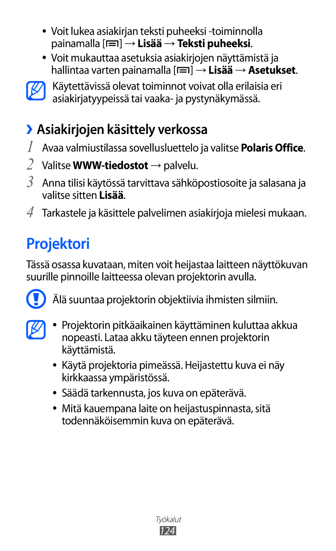 Samsung GT-I8530RWANEE, GT-I8530BAANEE manual Projektori, ››Asiakirjojen käsittely verkossa, 124 