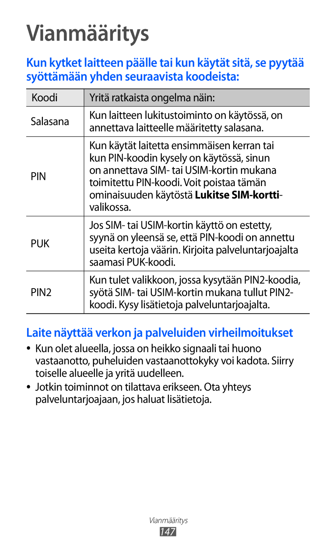 Samsung GT-I8530BAANEE, GT-I8530RWANEE manual Vianmääritys 