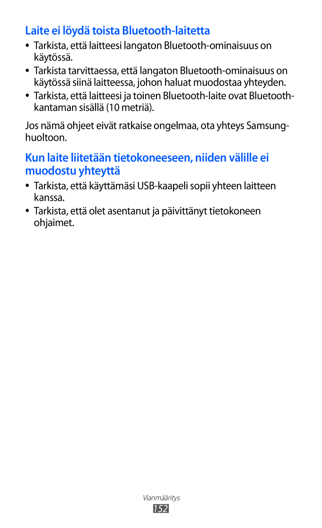 Samsung GT-I8530RWANEE, GT-I8530BAANEE manual Laite ei löydä toista Bluetooth-laitetta, 152 