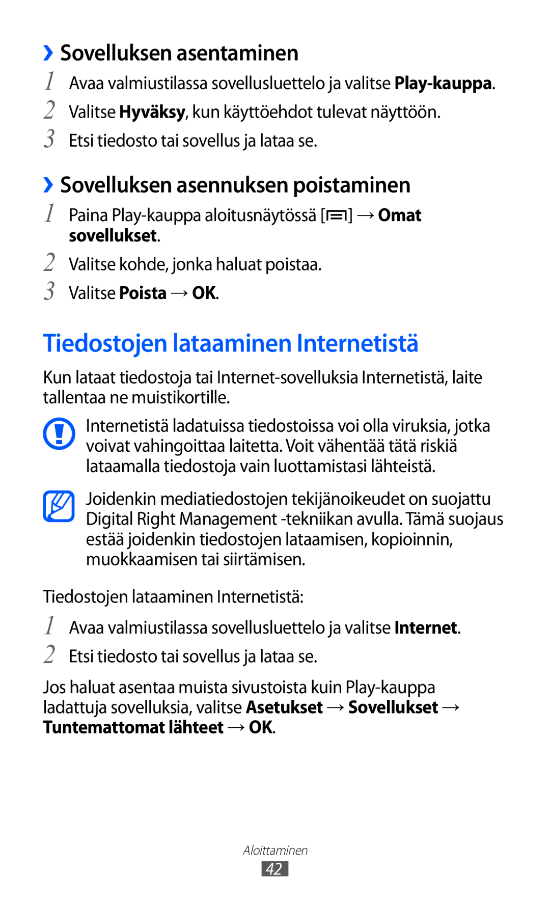 Samsung GT-I8530RWANEE, GT-I8530BAANEE manual Tiedostojen lataaminen Internetistä, ››Sovelluksen asentaminen 