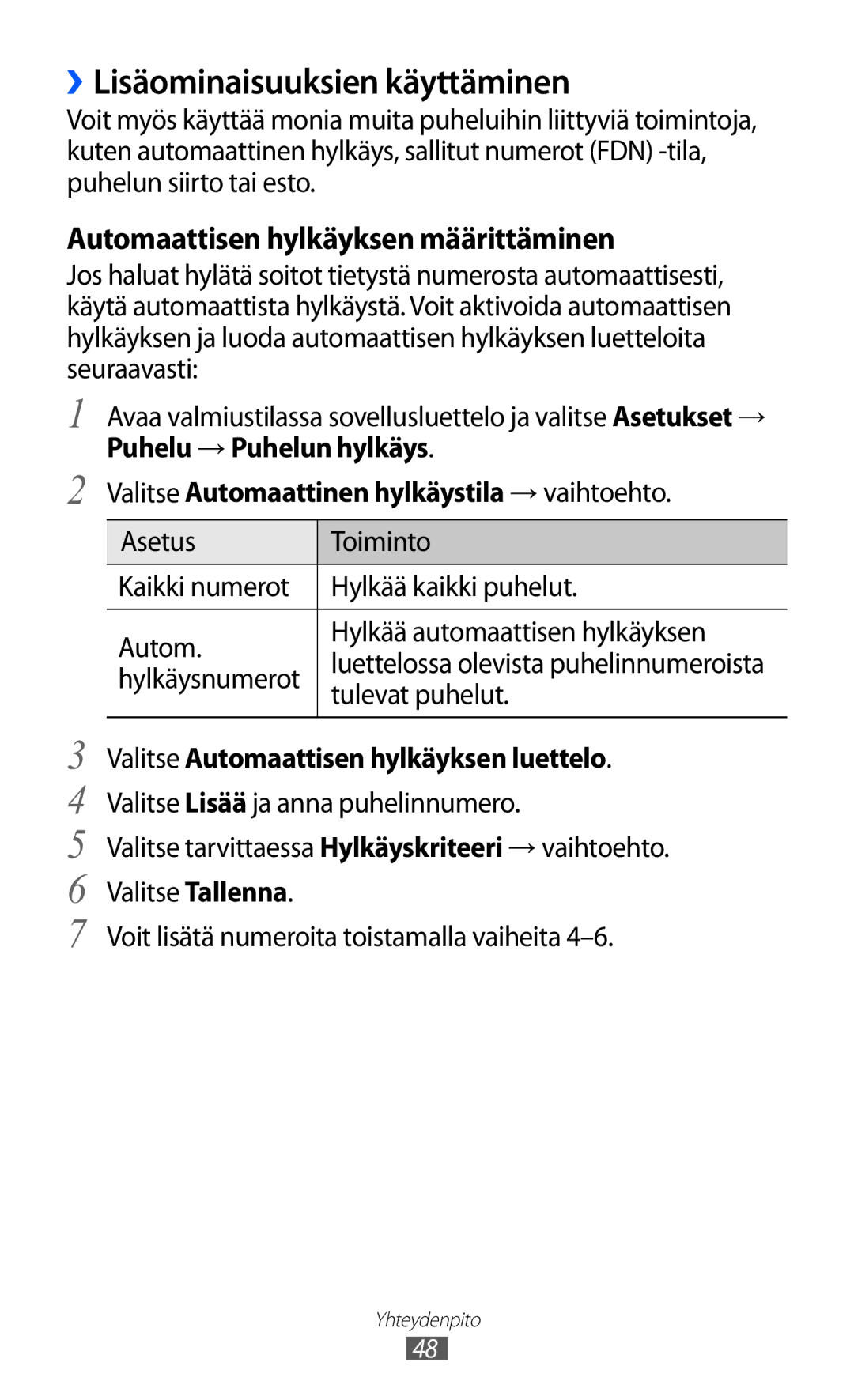 Samsung GT-I8530RWANEE manual ››Lisäominaisuuksien käyttäminen, Automaattisen hylkäyksen määrittäminen, Tulevat puhelut 