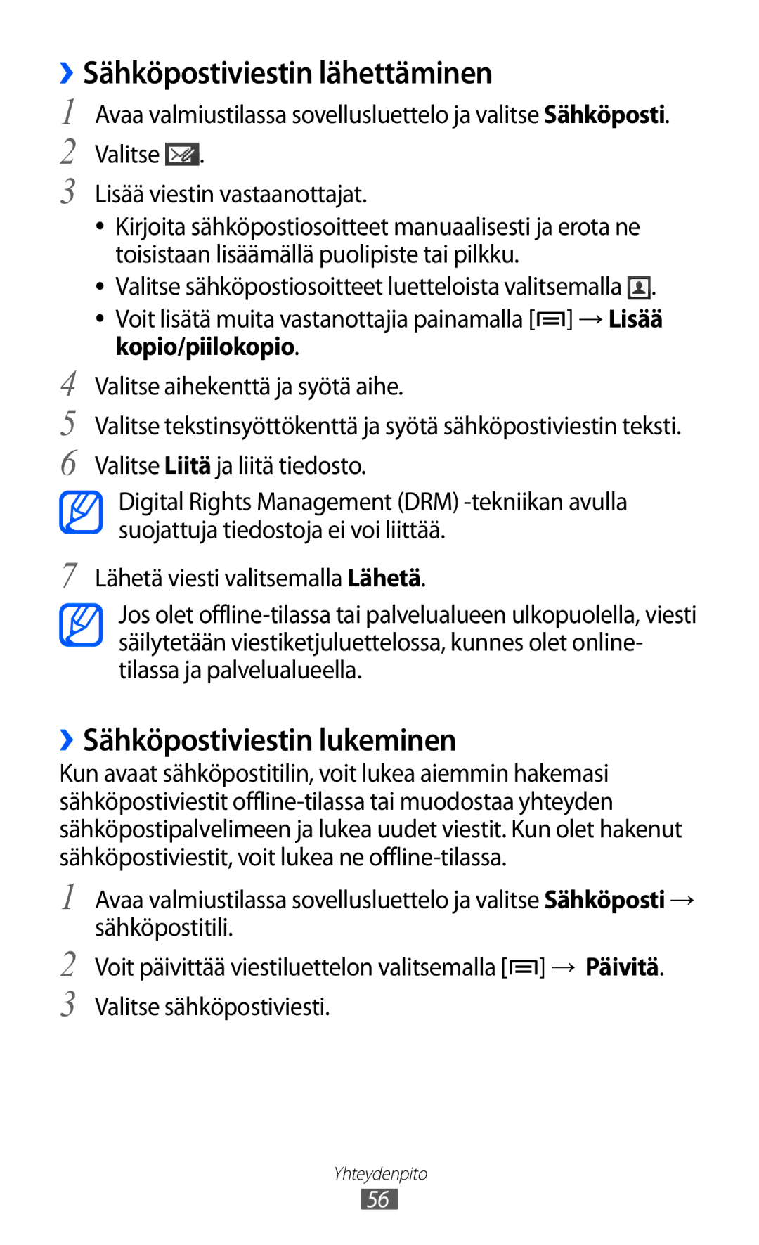 Samsung GT-I8530RWANEE, GT-I8530BAANEE Sähköpostiviestin lähettäminen, ››Sähköpostiviestin lukeminen, Kopio/piilokopio 