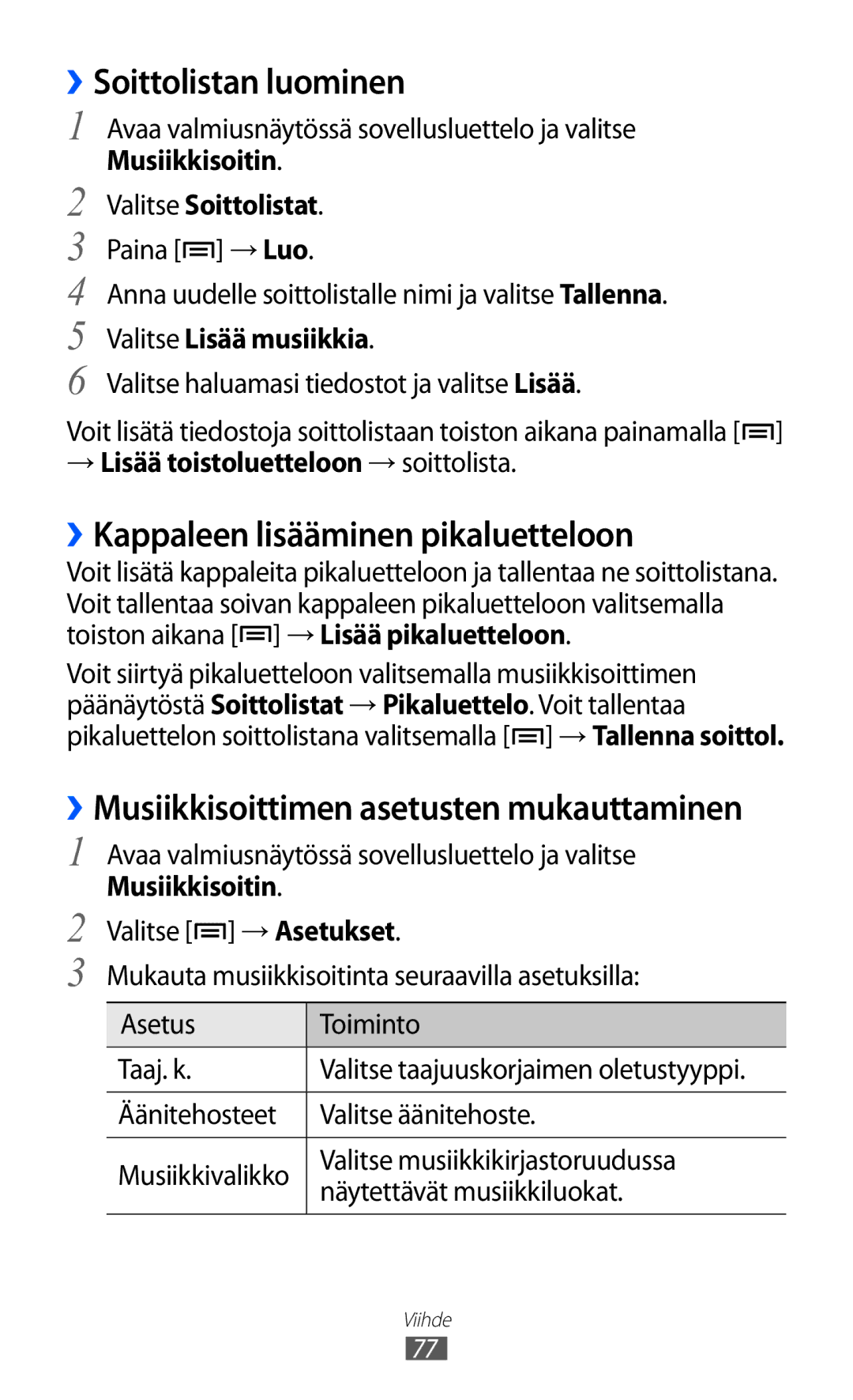 Samsung GT-I8530BAANEE, GT-I8530RWANEE manual ››Soittolistan luominen, ››Kappaleen lisääminen pikaluetteloon 