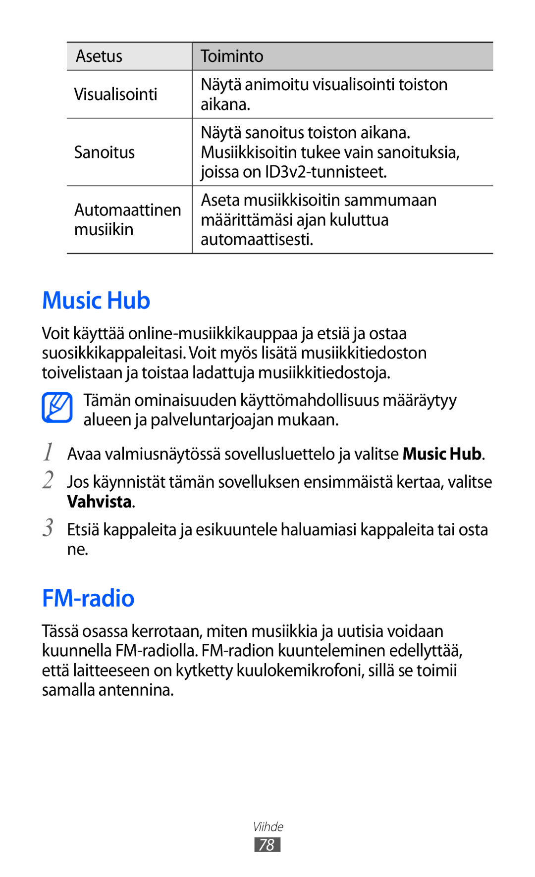 Samsung GT-I8530RWANEE, GT-I8530BAANEE manual Music Hub, FM-radio 