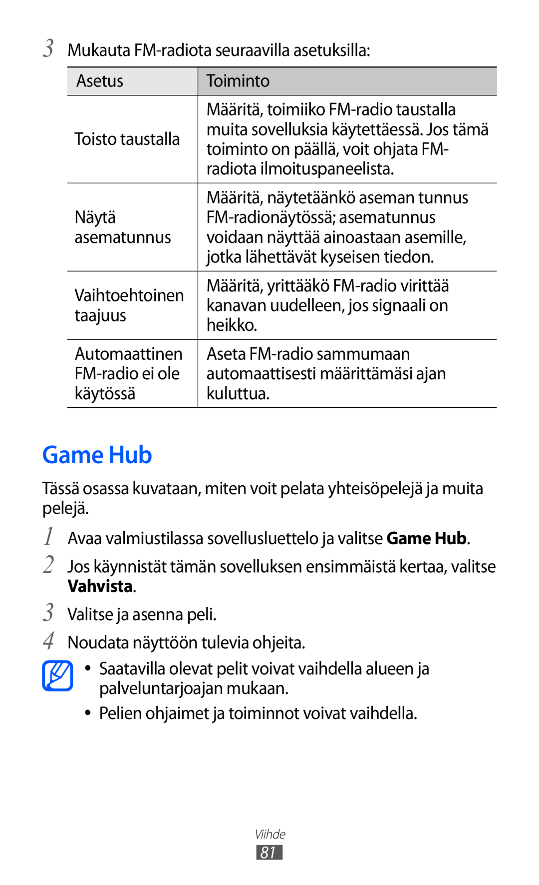 Samsung GT-I8530BAANEE, GT-I8530RWANEE manual Game Hub, Toiminto on päällä, voit ohjata FM, Radiota ilmoituspaneelista 