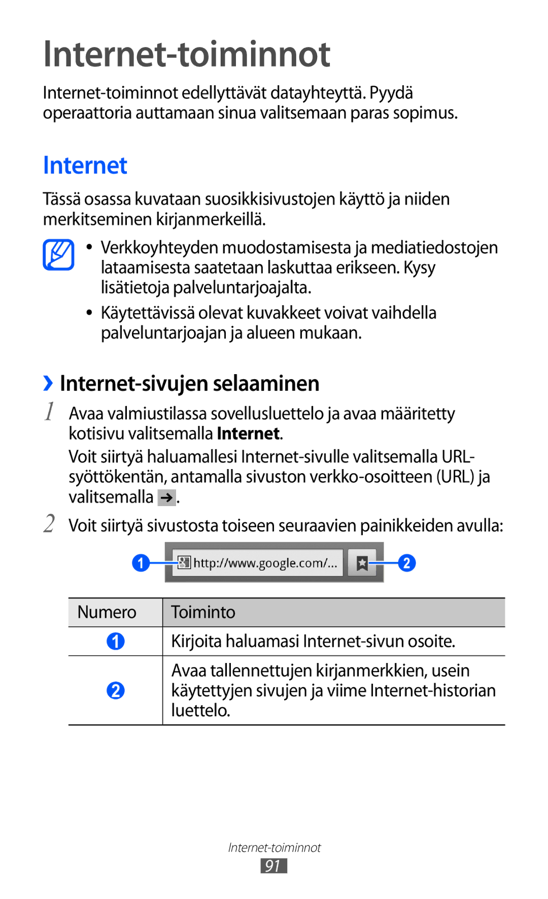 Samsung GT-I8530BAANEE, GT-I8530RWANEE manual Internet-toiminnot, ››Internet-sivujen selaaminen 