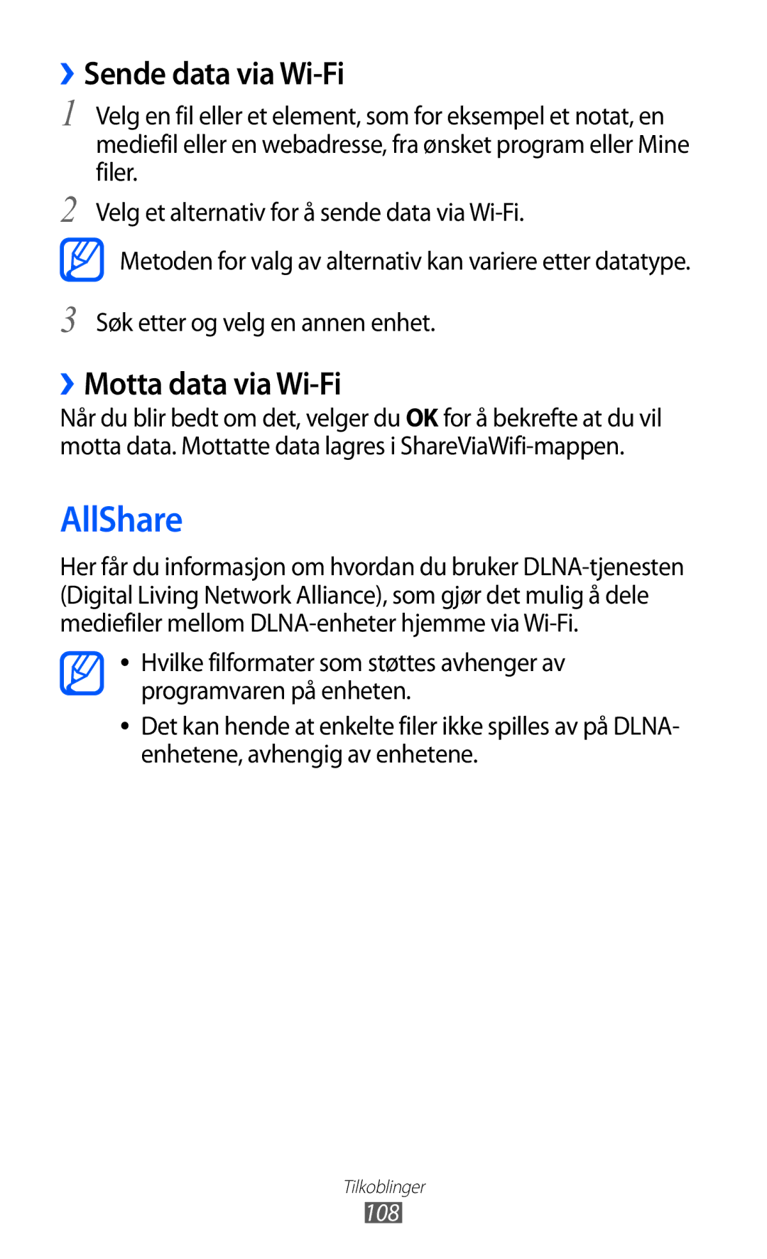 Samsung GT-I8530RWANEE, GT-I8530BAANEE manual AllShare, ››Sende data via Wi-Fi, ››Motta data via Wi-Fi 