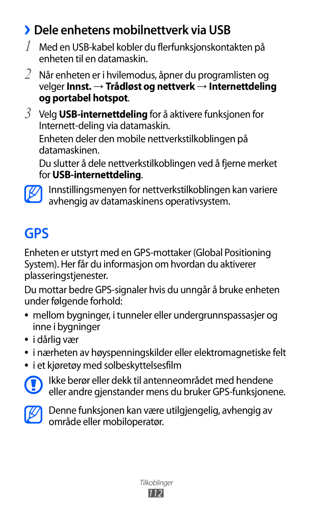 Samsung GT-I8530RWANEE, GT-I8530BAANEE manual Gps, ››Dele enhetens mobilnettverk via USB 