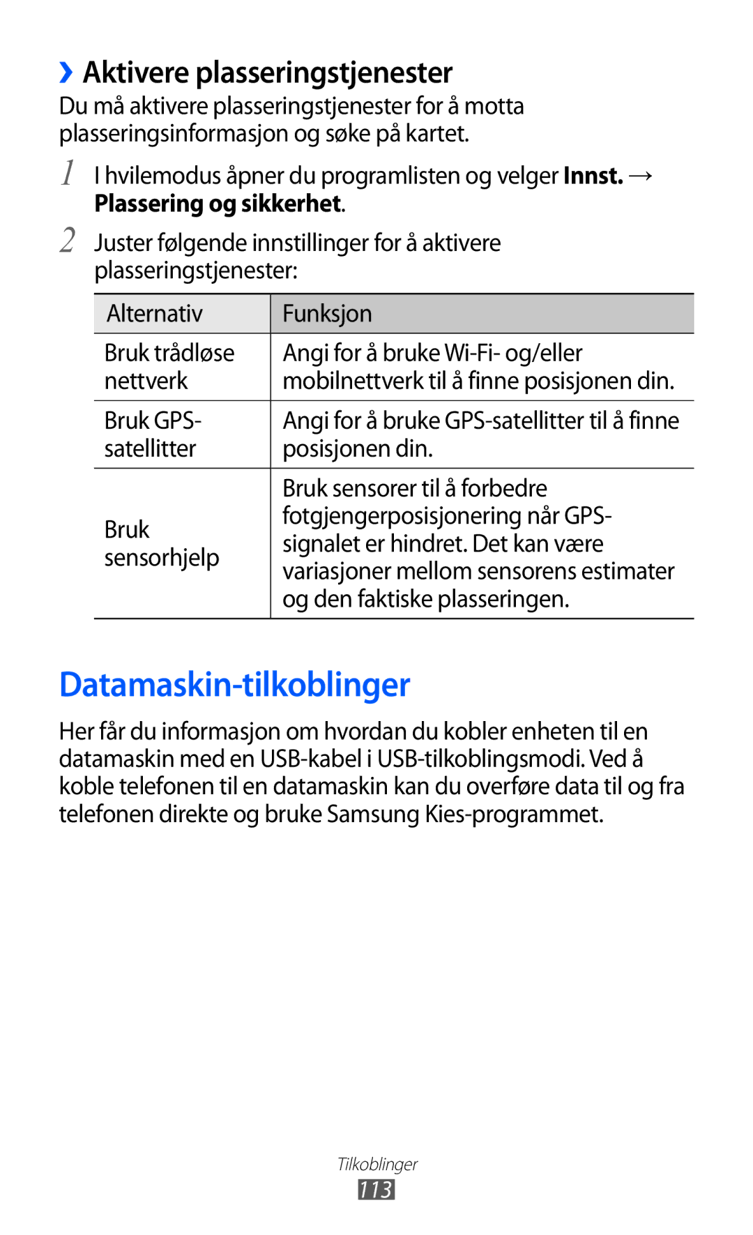 Samsung GT-I8530BAANEE manual Datamaskin-tilkoblinger, ››Aktivere plasseringstjenester, Plassering og sikkerhet, Bruk GPS 