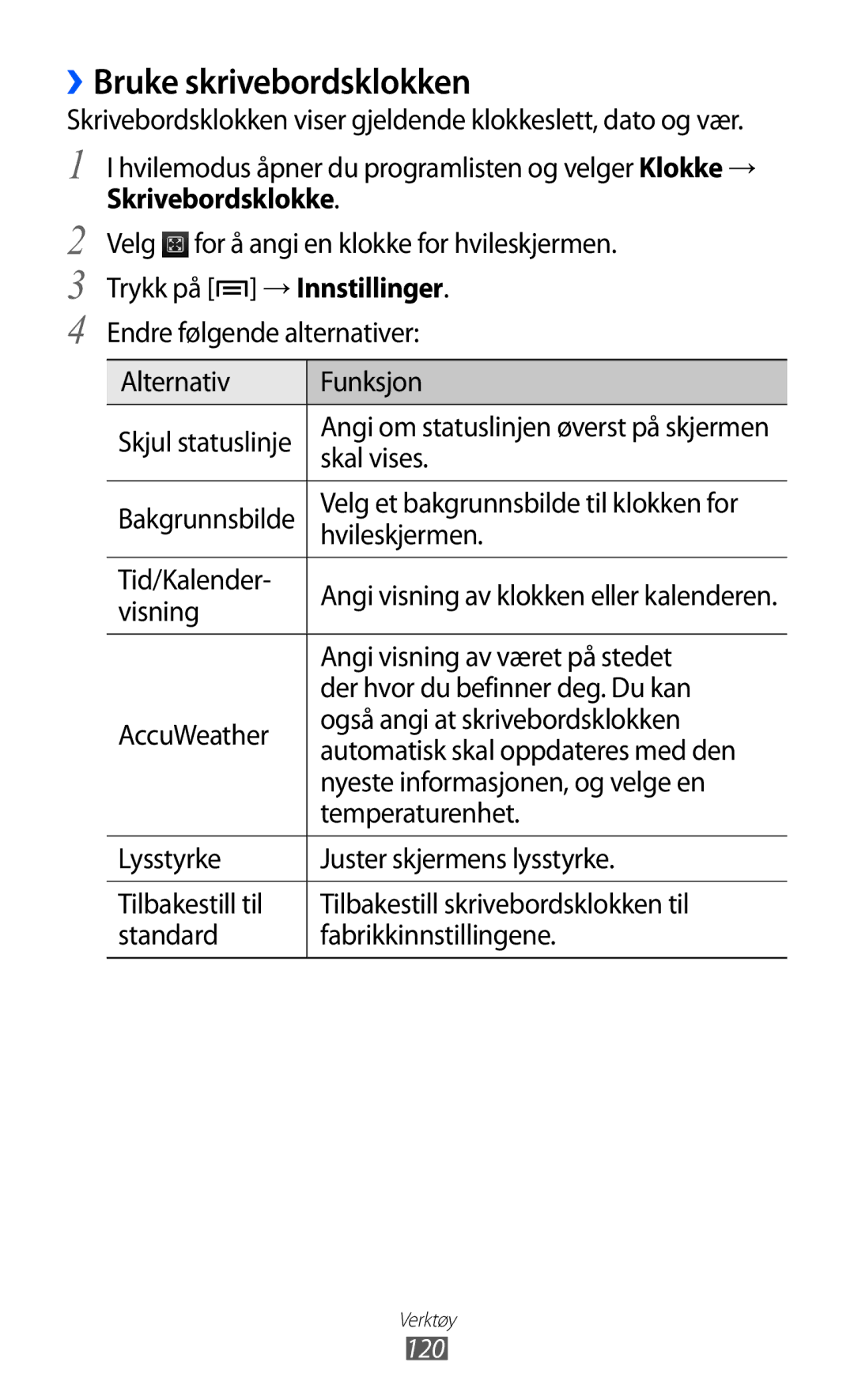 Samsung GT-I8530RWANEE, GT-I8530BAANEE manual ››Bruke skrivebordsklokken 