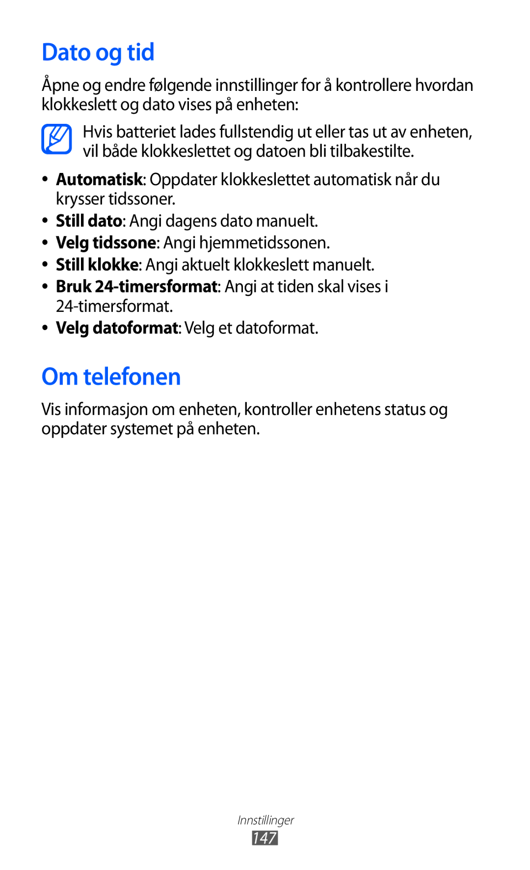 Samsung GT-I8530BAANEE, GT-I8530RWANEE manual Dato og tid, Om telefonen 