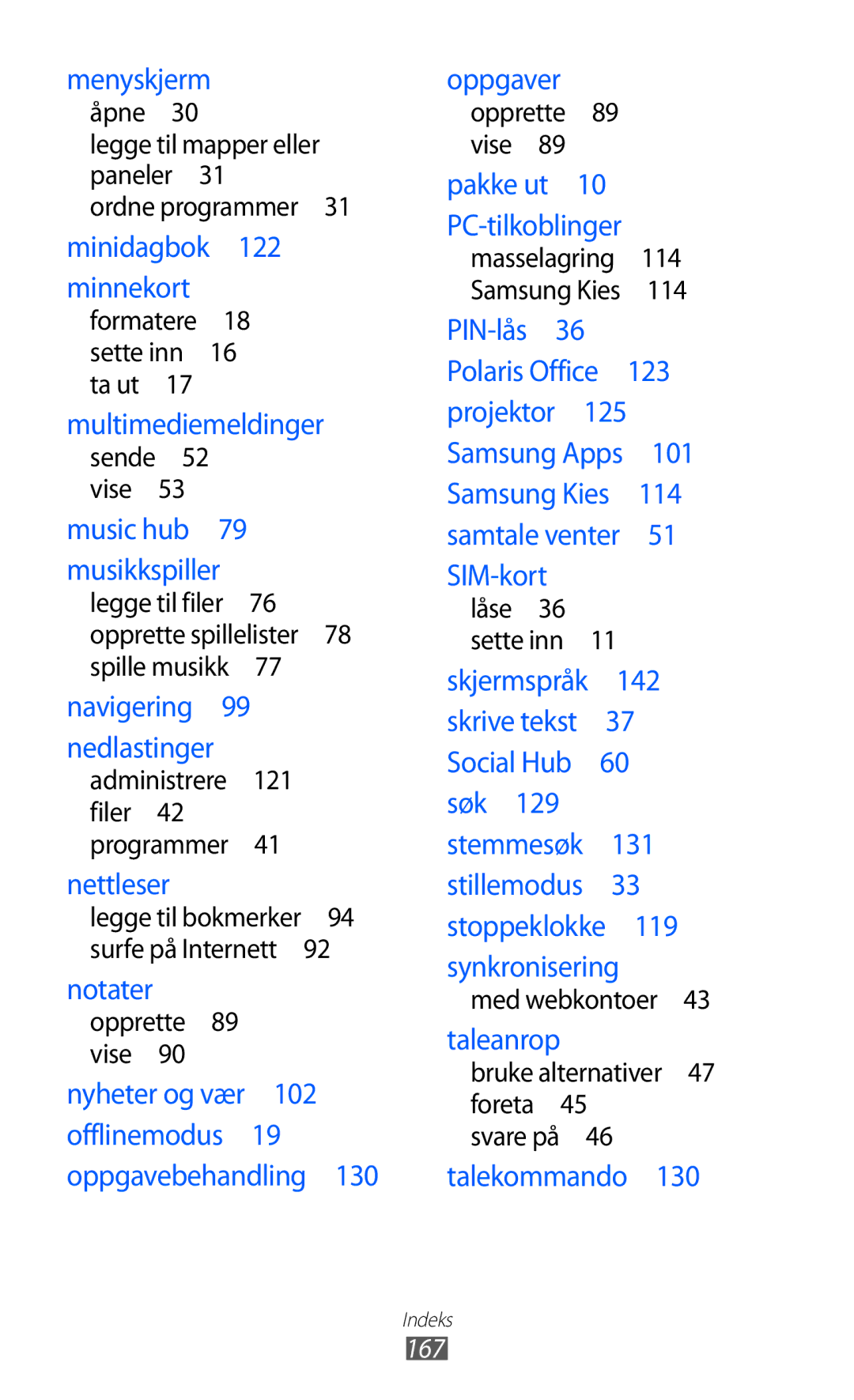 Samsung GT-I8530BAANEE, GT-I8530RWANEE manual Minidagbok 122 minnekort 