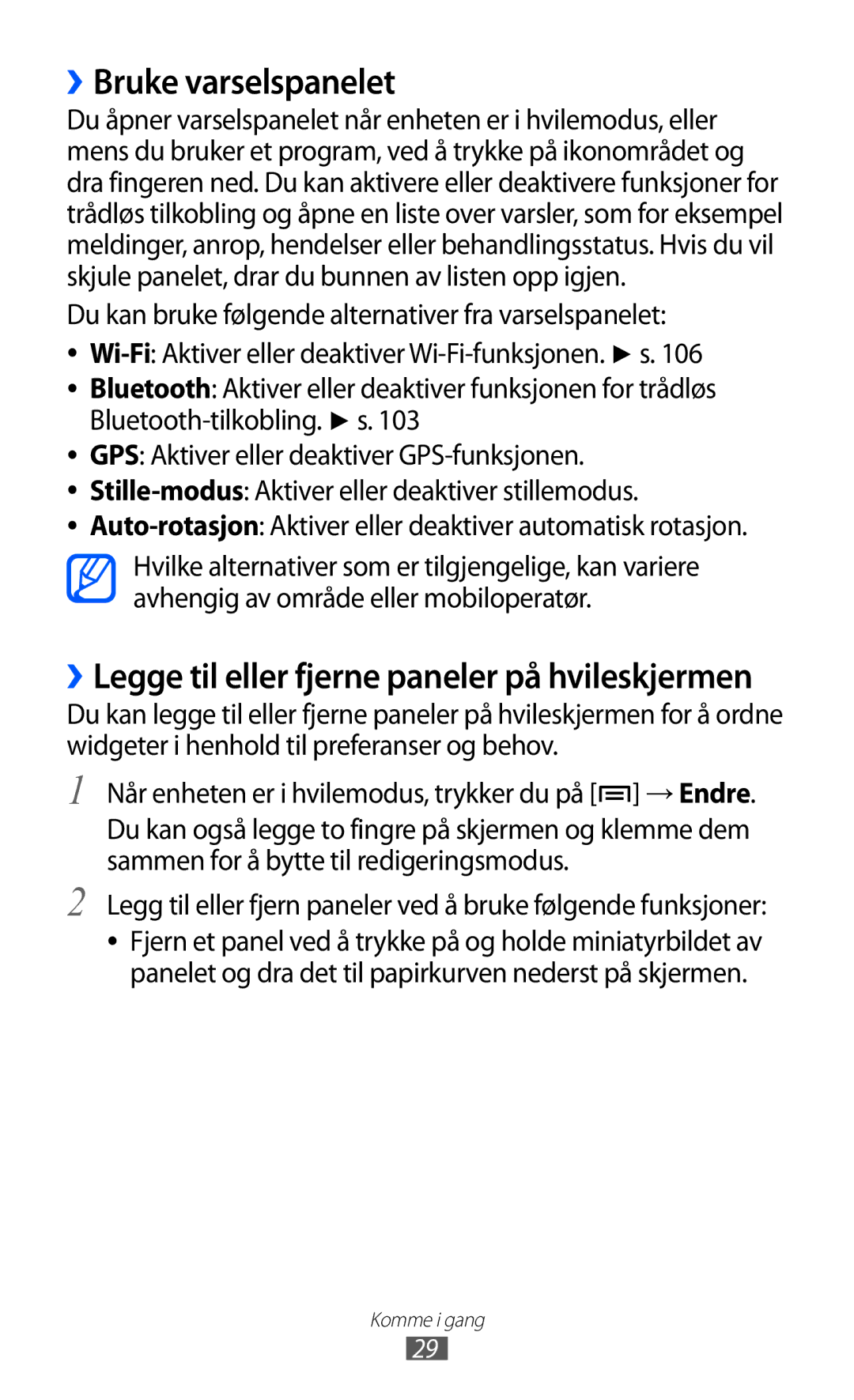 Samsung GT-I8530BAANEE, GT-I8530RWANEE manual ››Bruke varselspanelet, ››Legge til eller fjerne paneler på hvileskjermen 