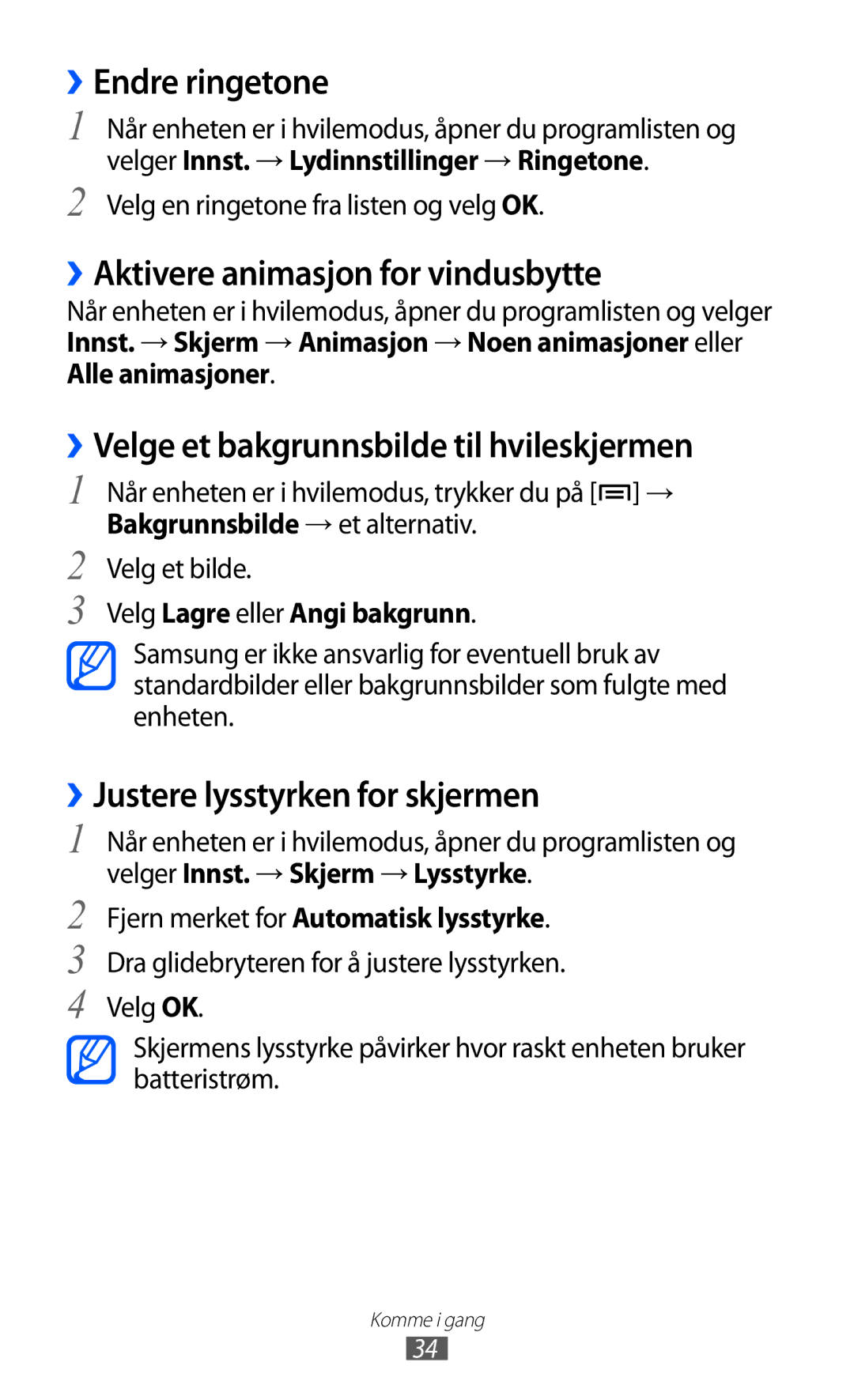 Samsung GT-I8530RWANEE manual ››Endre ringetone, ››Aktivere animasjon for vindusbytte, ››Justere lysstyrken for skjermen 