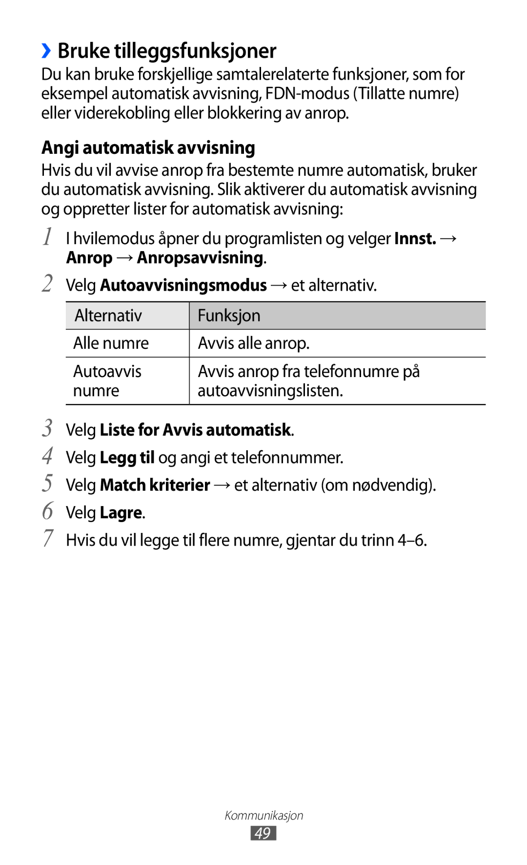 Samsung GT-I8530BAANEE manual ››Bruke tilleggsfunksjoner, Angi automatisk avvisning, Velg Liste for Avvis automatisk 